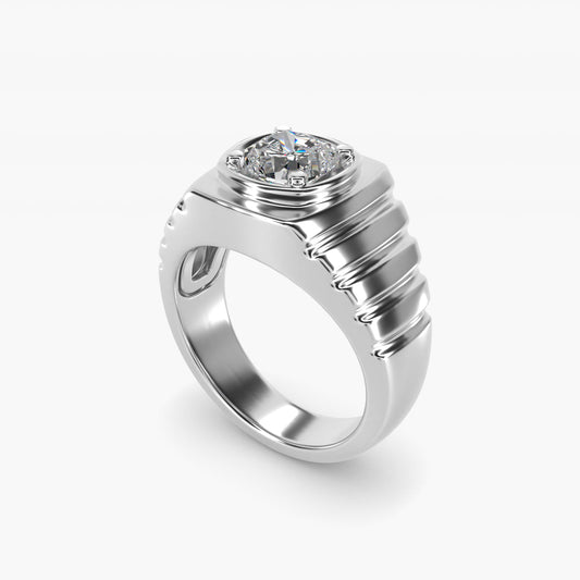 Men's Ridged Solitaire Engagement Ring in Platinum - Cushion Center