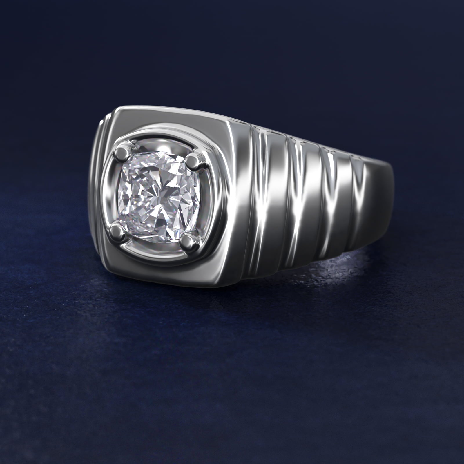 Men's Ridged Solitaire Engagement Ring in Platinum - Cushion Center
