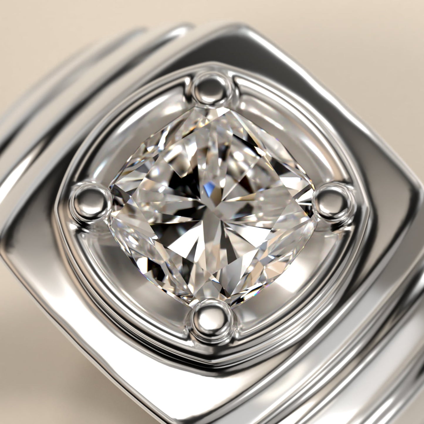 Men's Ridged Solitaire Engagement Ring in Platinum - Cushion Center