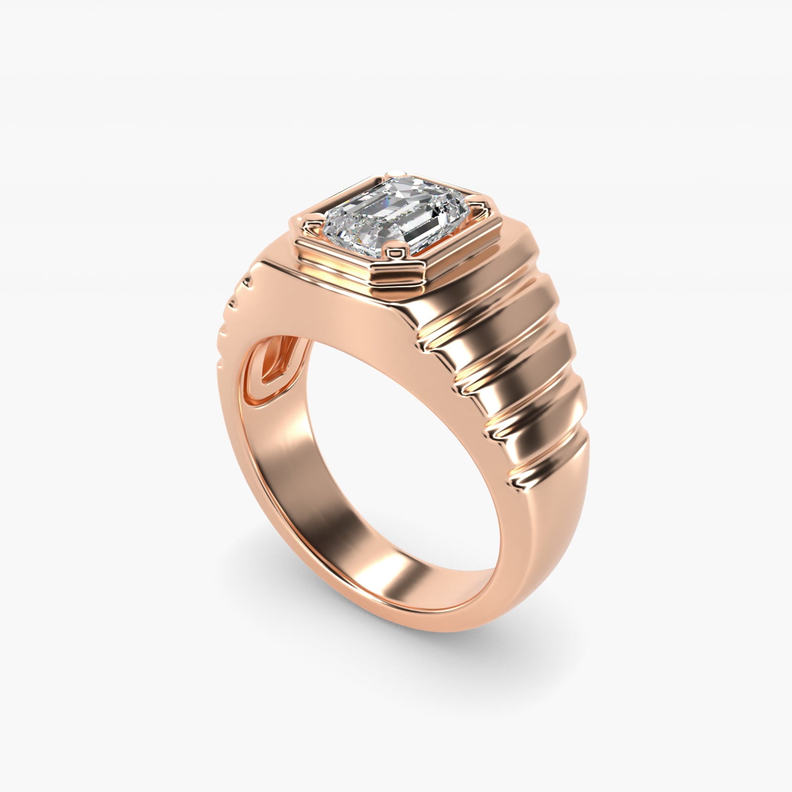 Men's Ridged Solitaire Engagement Ring in 14k Rose Gold - Emerald Center