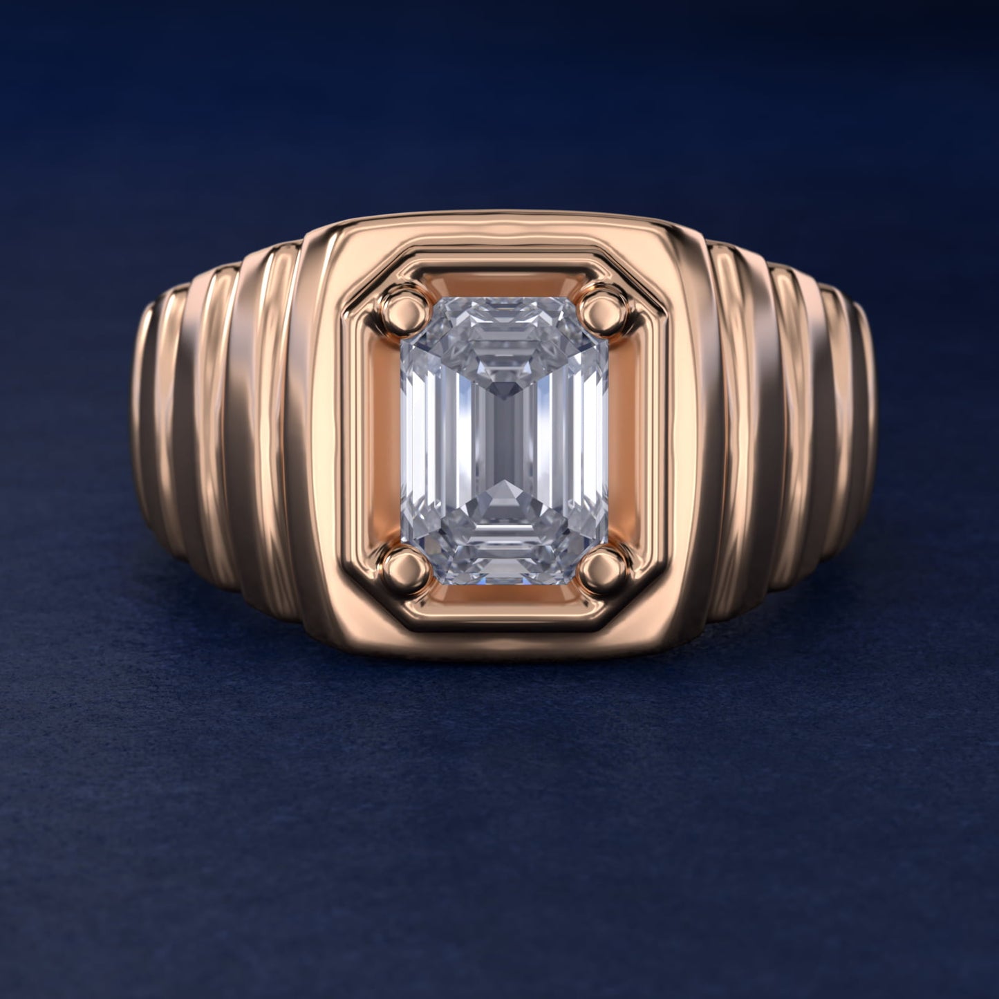 Men's Ridged Solitaire Engagement Ring in 14k Rose Gold - Emerald Center