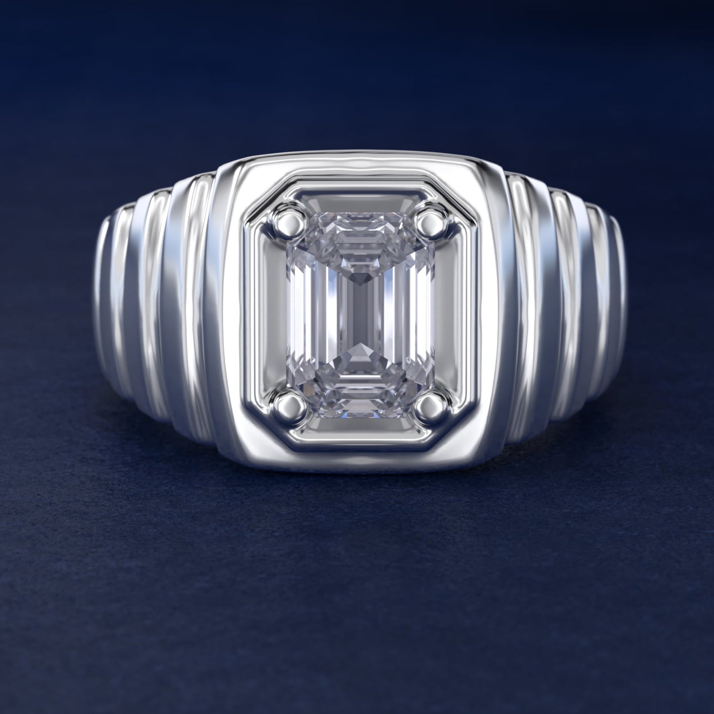 Men's Ridged Solitaire Engagement Ring in 18k White Gold - Emerald Center