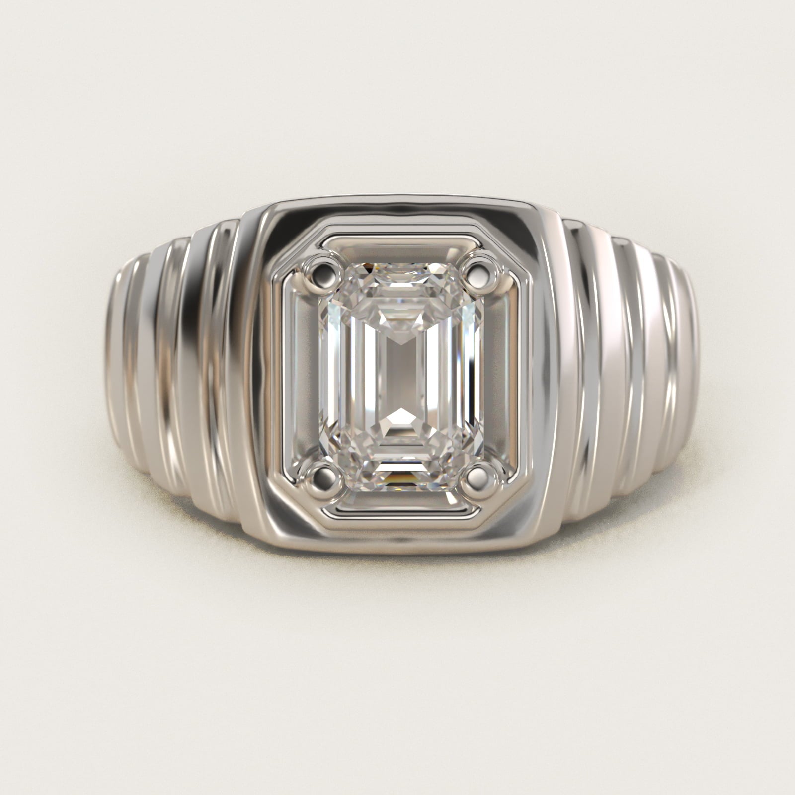 Men's Ridged Solitaire Engagement Ring in 18k White Gold - Emerald Center