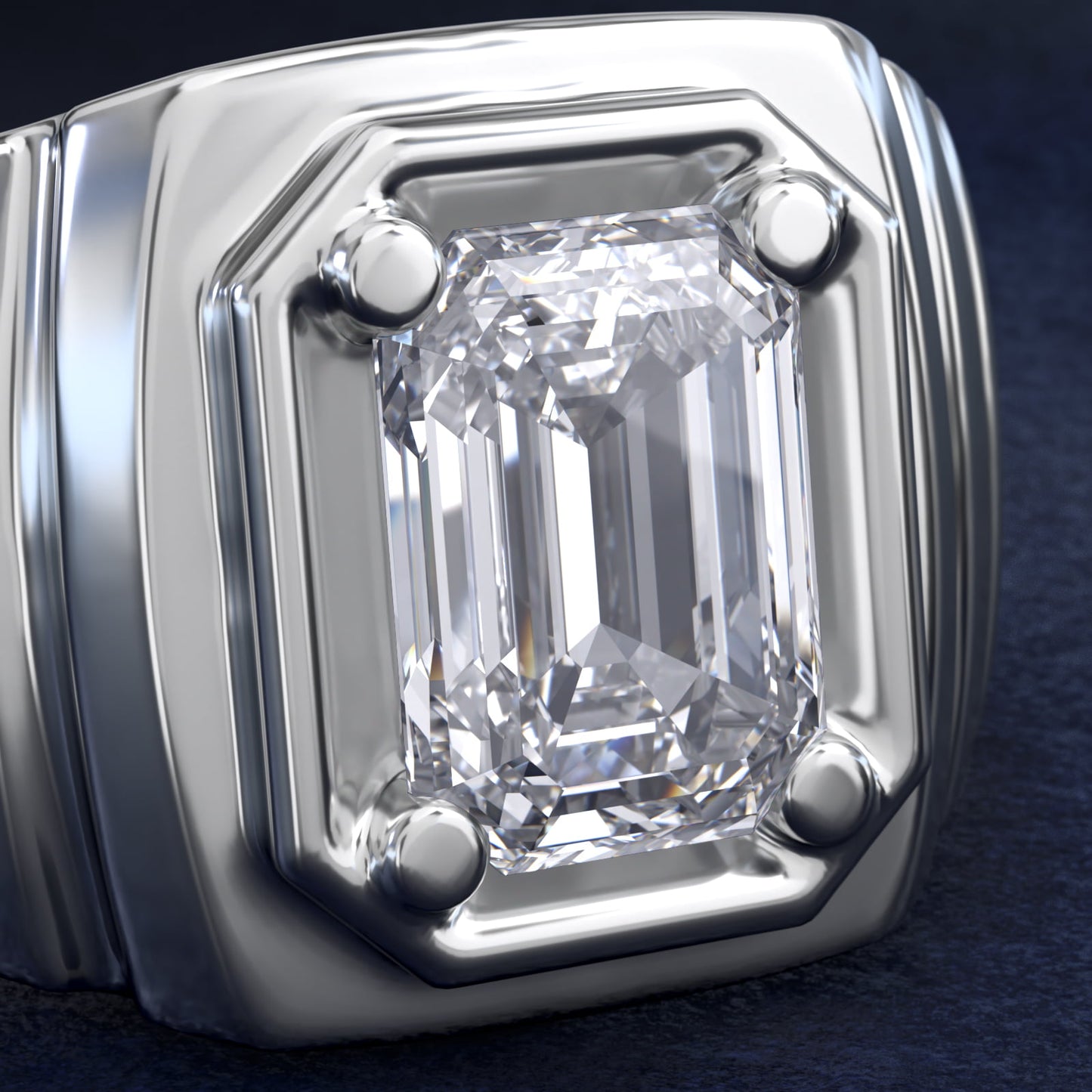 Men's Ridged Solitaire Engagement Ring in 18k White Gold - Emerald Center