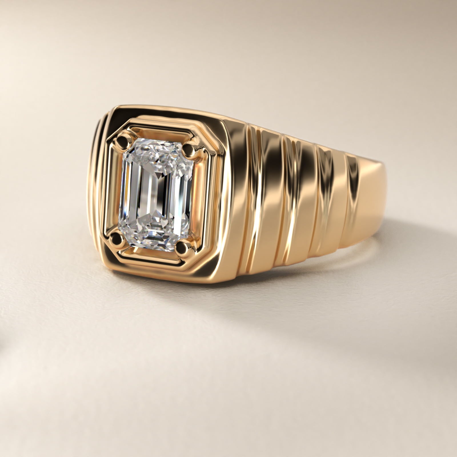 Men's Ridged Solitaire Engagement Ring in 18k Yellow Gold - Emerald Center