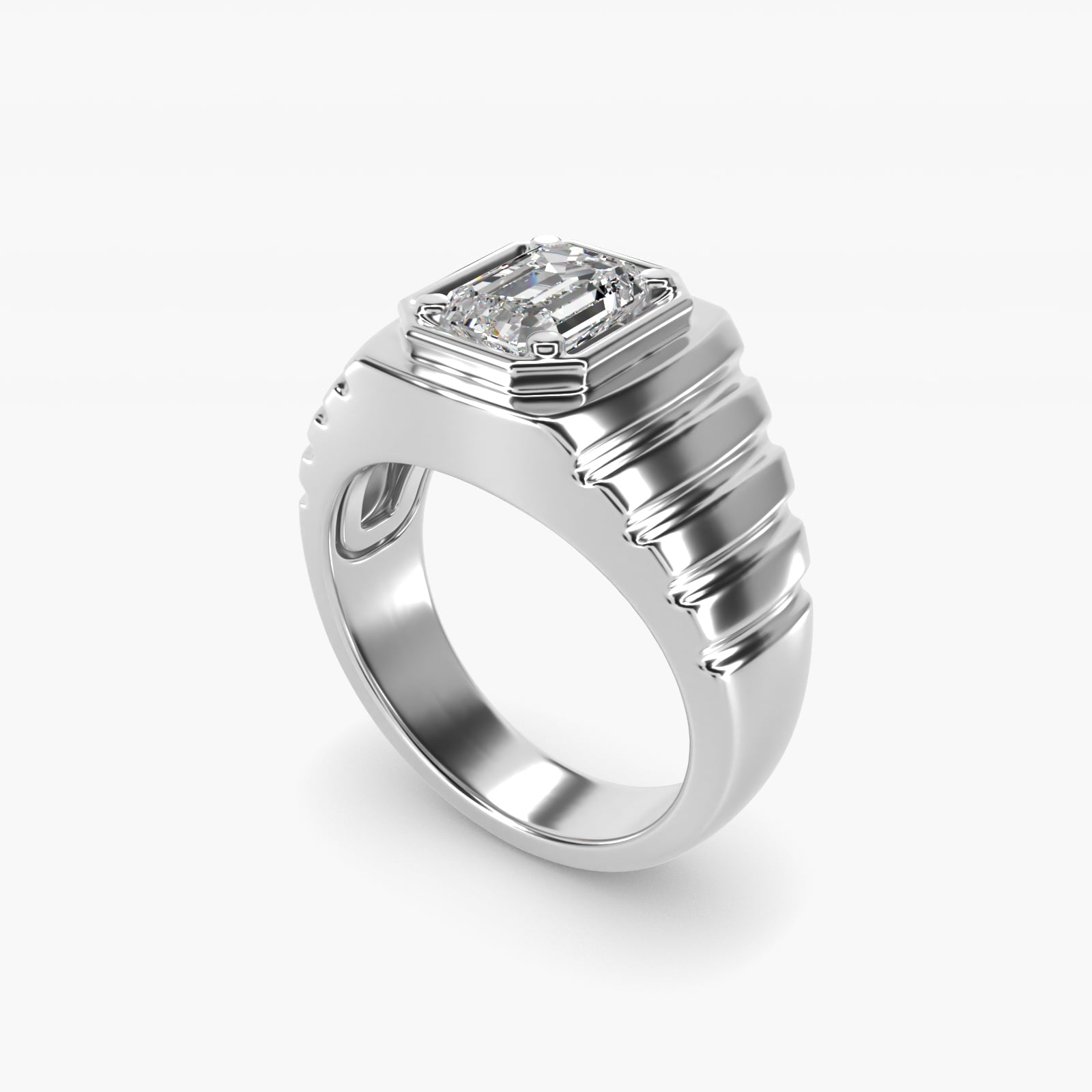 Men's Ridged Solitaire Engagement Ring in Platinum - Emerald Center