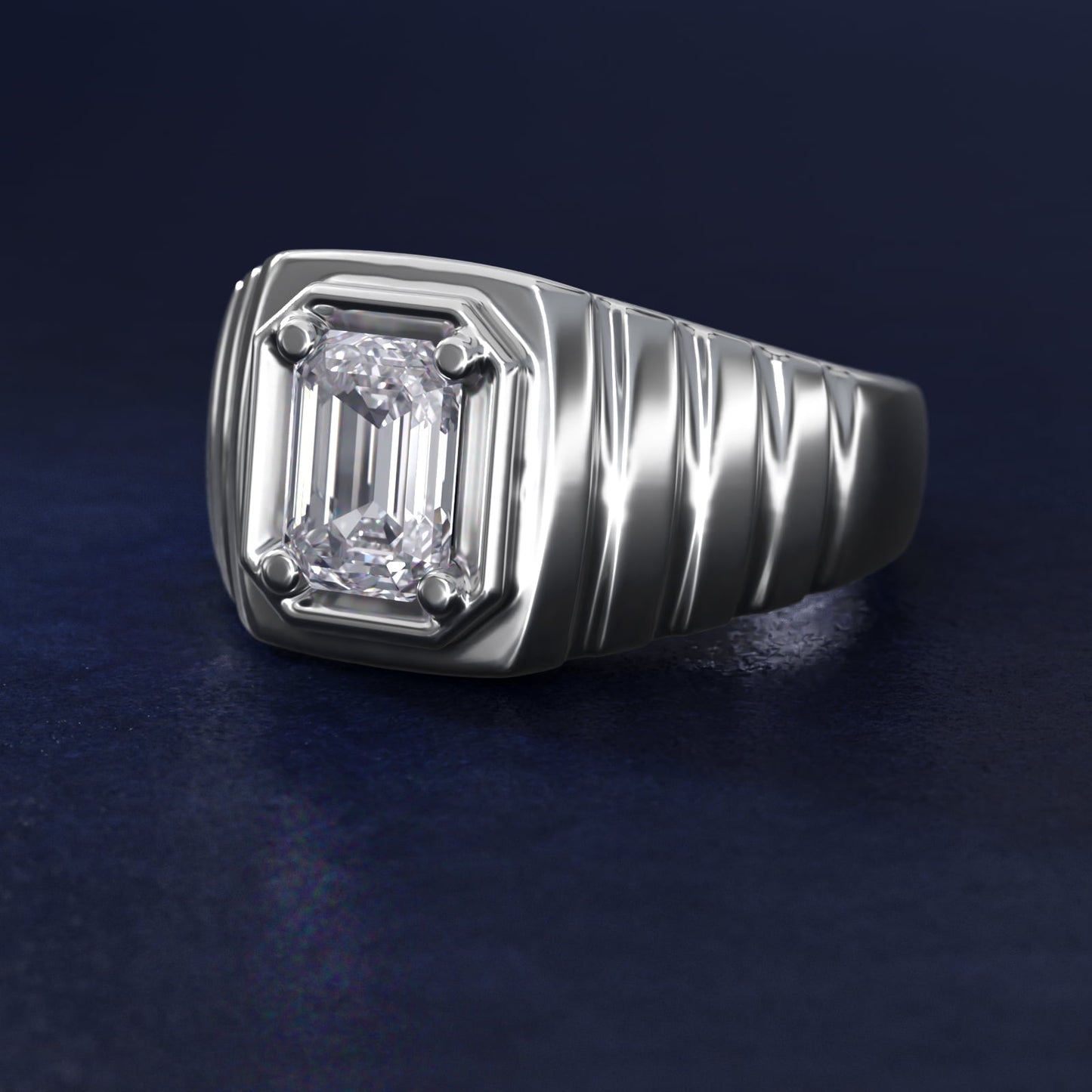 Men's Ridged Solitaire Engagement Ring in Platinum - Emerald Center