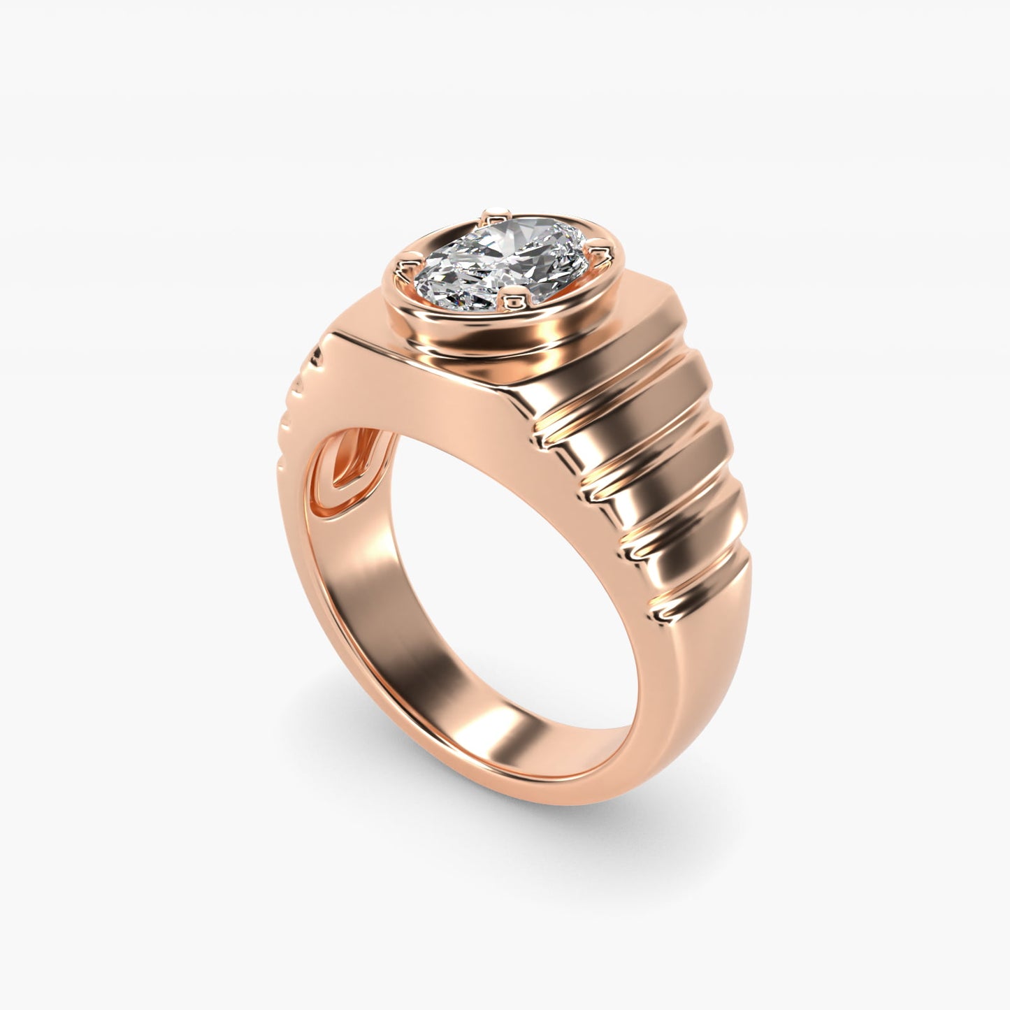 Men's Ridged Solitaire Engagement Ring in 14k Rose Gold - Oval Center