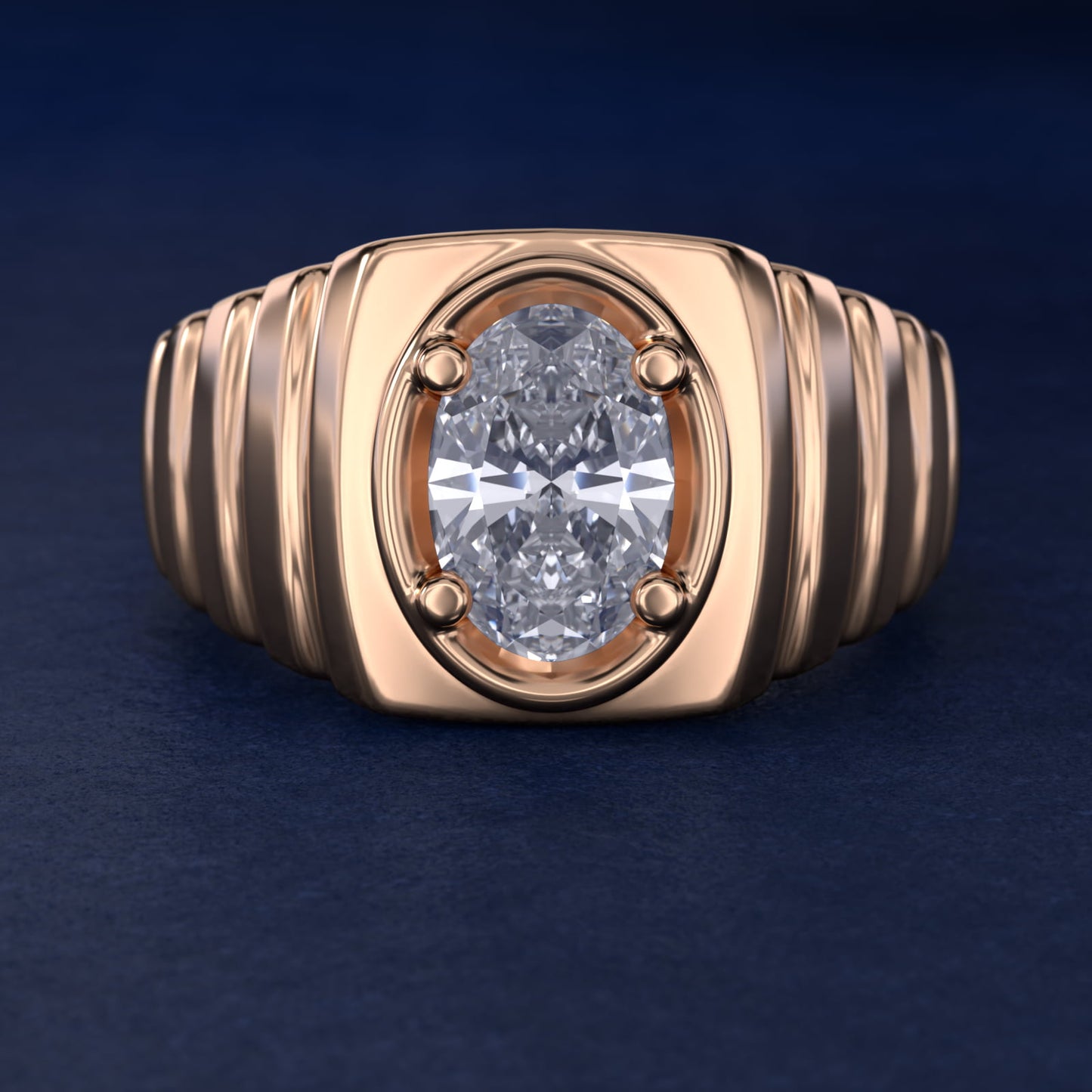 Men's Ridged Solitaire Engagement Ring in 18k Rose Gold - Oval Center
