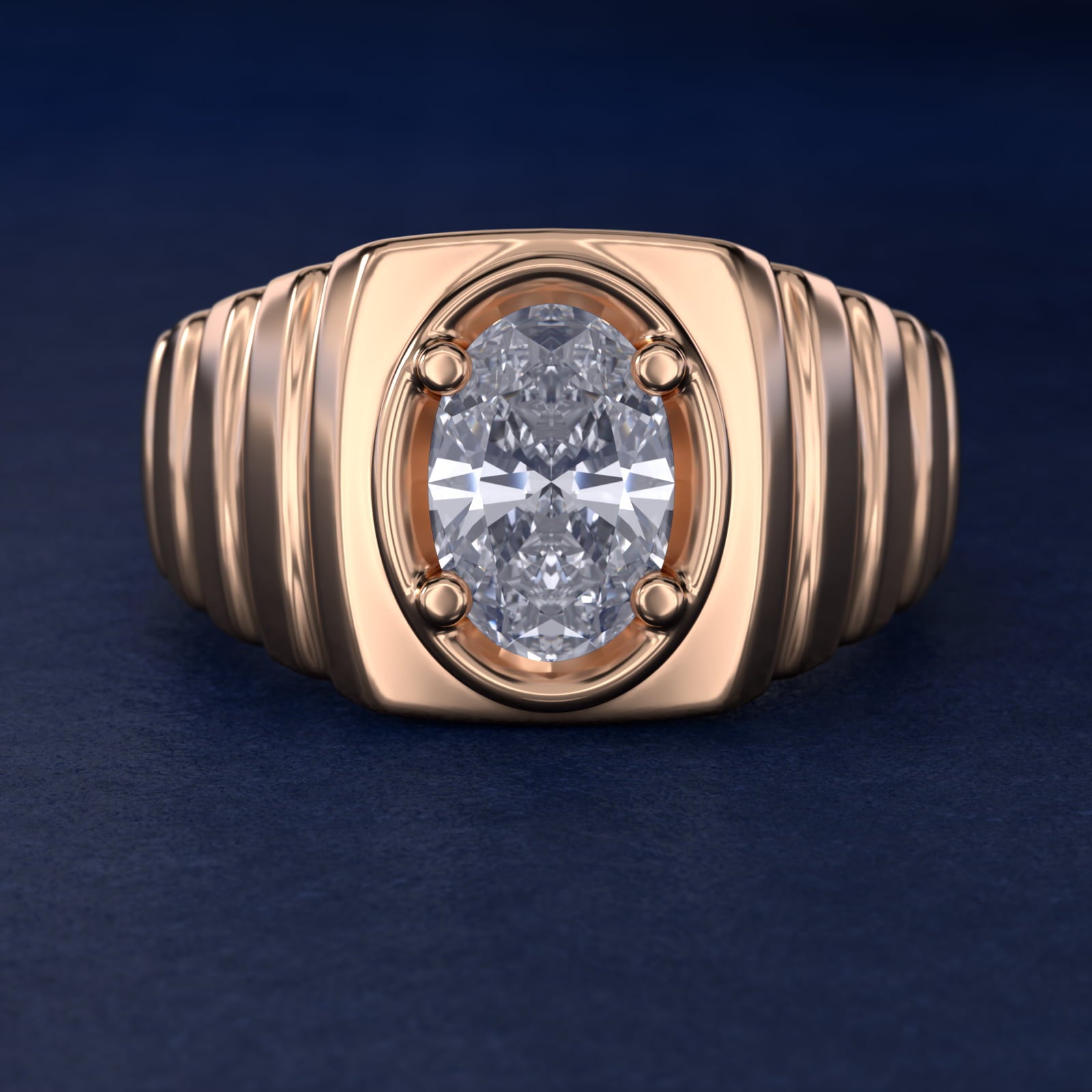 Men's Ridged Solitaire Engagement Ring in 18k Rose Gold - Oval Center