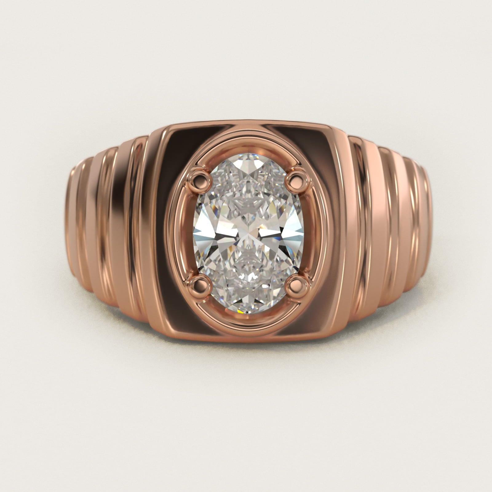Men's Ridged Solitaire Engagement Ring in 14k Rose Gold - Oval Center