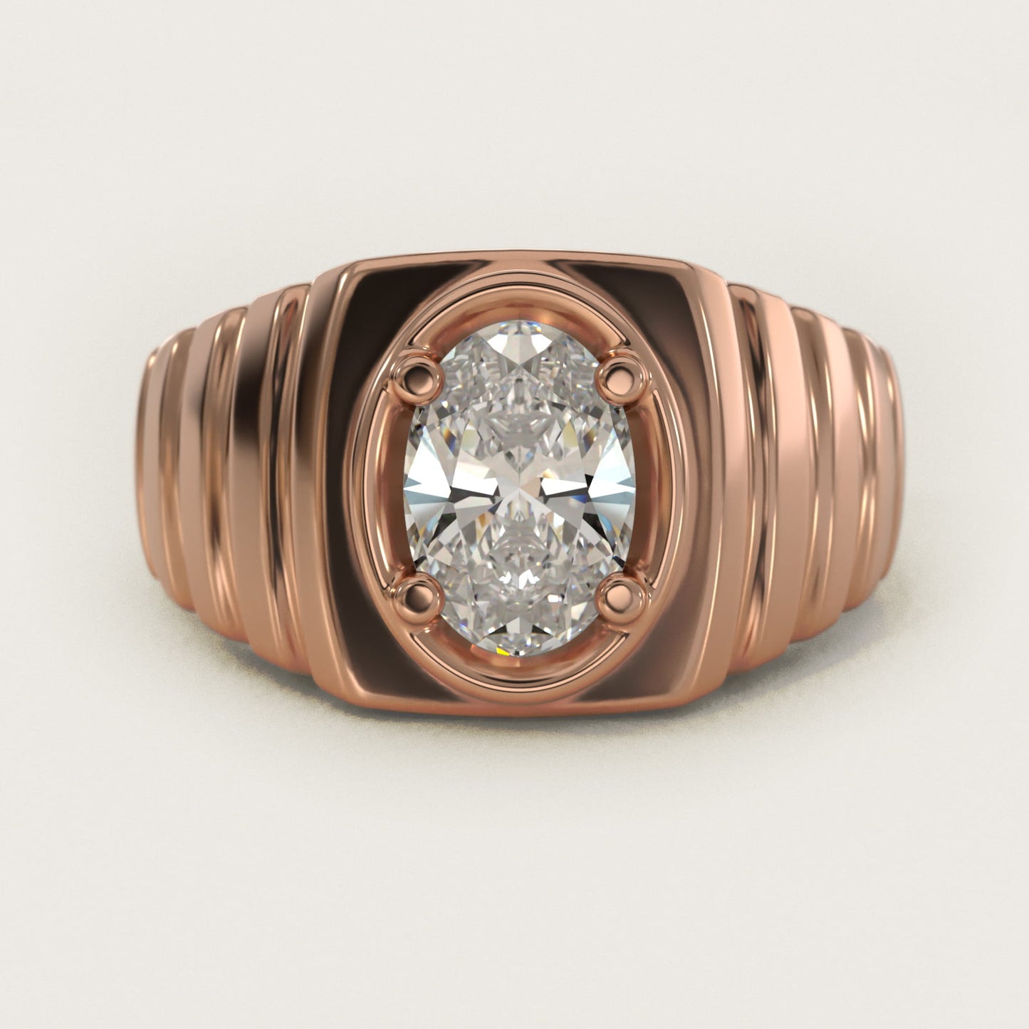 Men's Ridged Solitaire Engagement Ring in 18k Rose Gold - Oval Center
