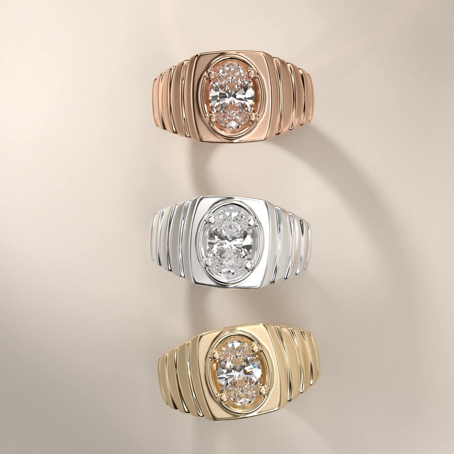 Men's Ridged Solitaire Engagement Ring in 18k Rose Gold - Oval Center