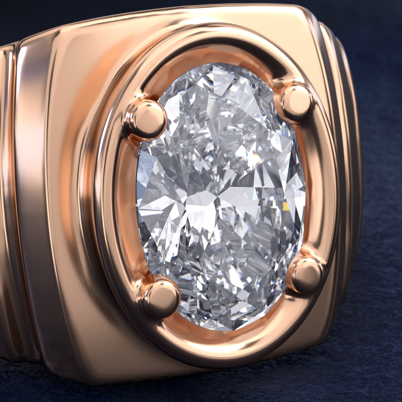 Men's Ridged Solitaire Engagement Ring in 14k Rose Gold - Oval Center