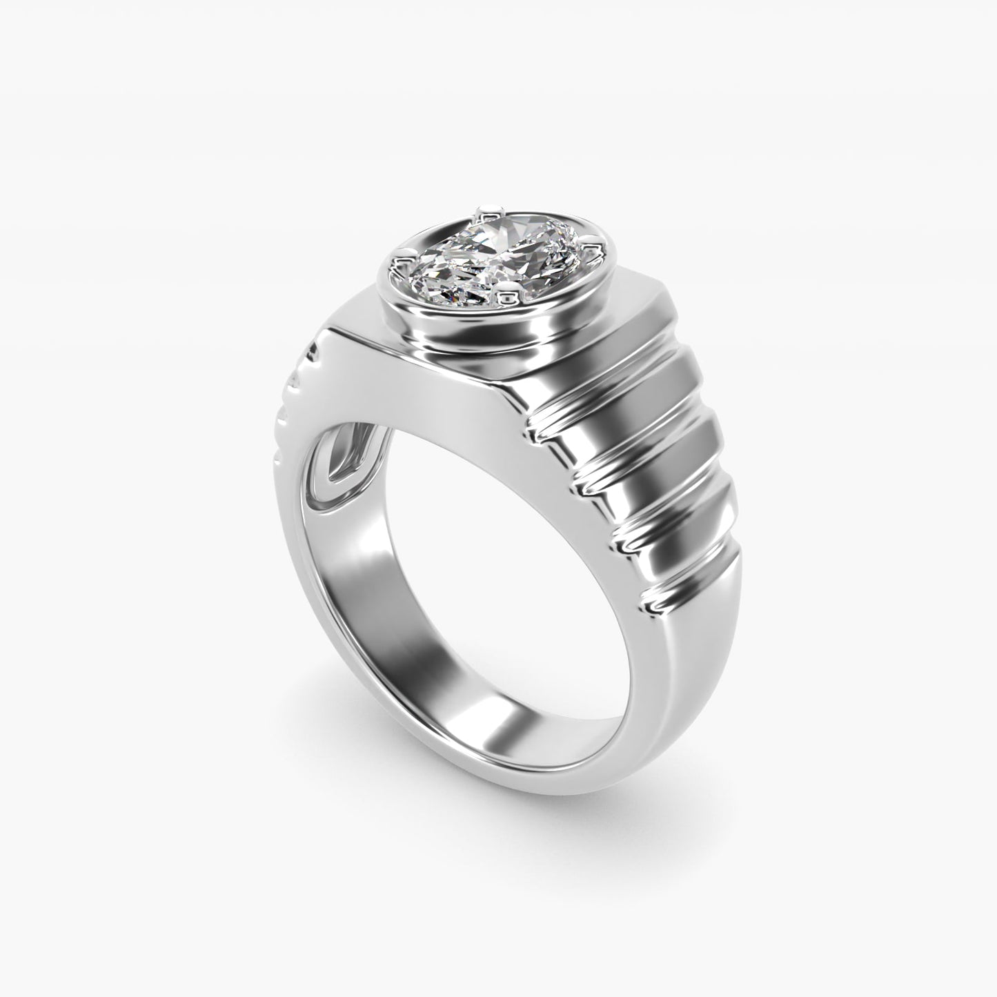 Men's Ridged Solitaire Engagement Ring in 18k White Gold - Oval Center