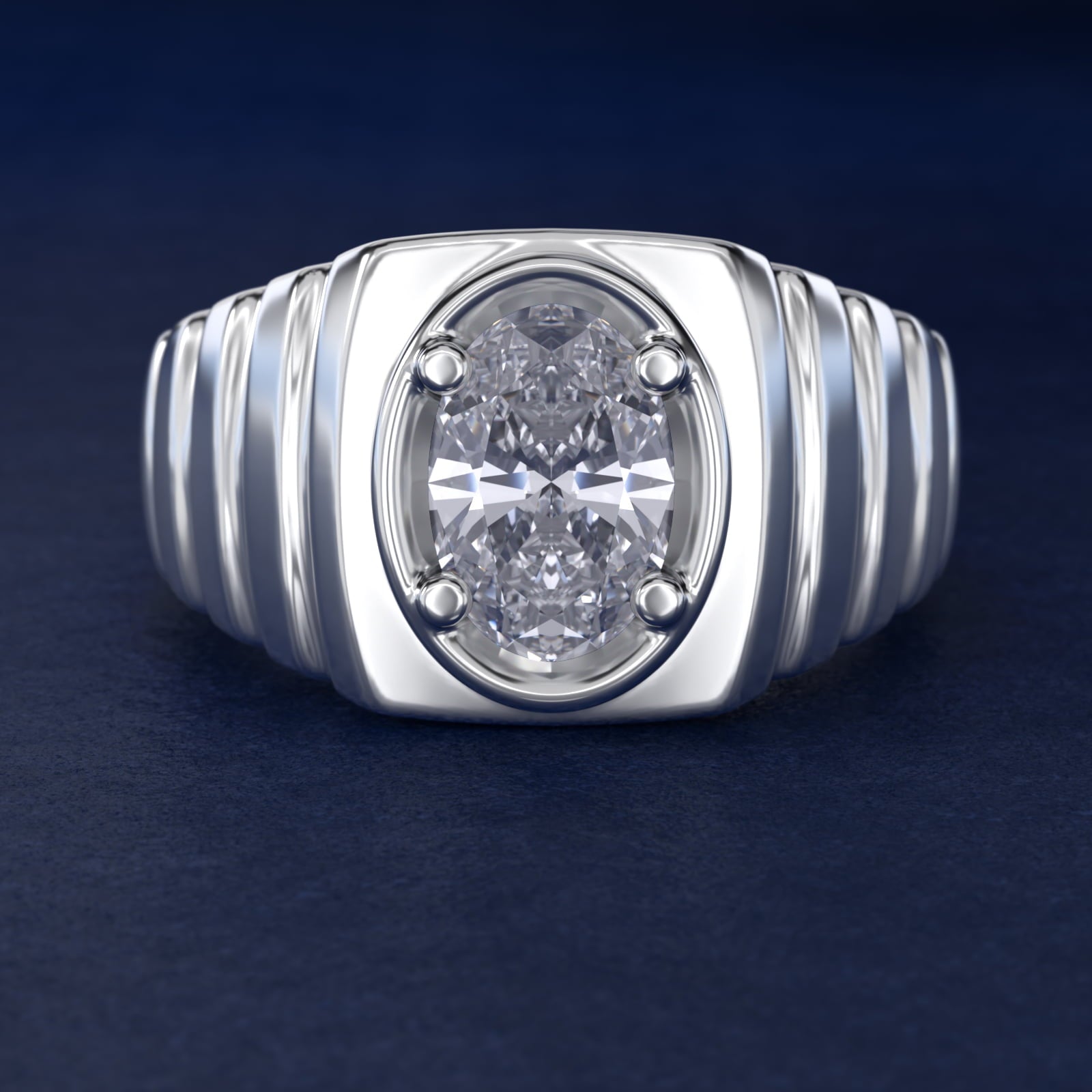 Men's Ridged Solitaire Engagement Ring in 14k White Gold - Oval Center