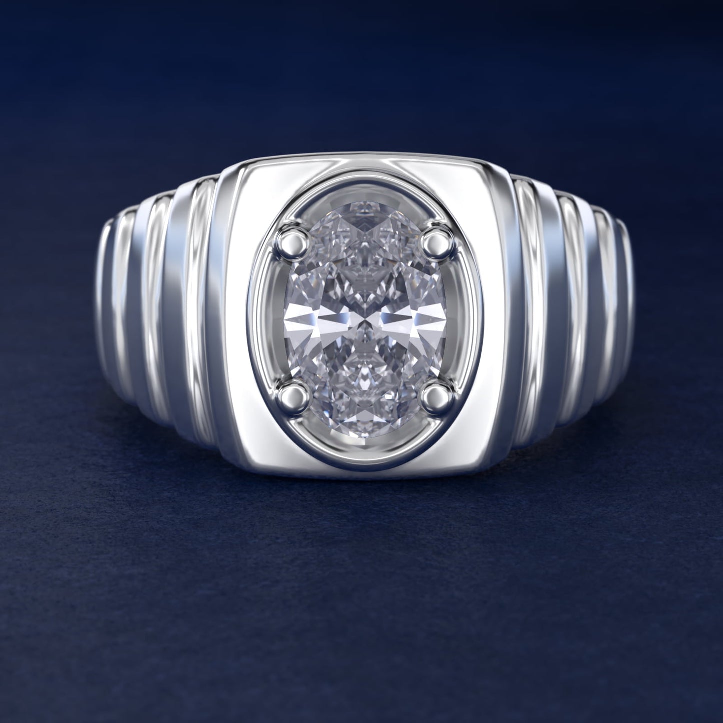 Men's Ridged Solitaire Engagement Ring in 18k White Gold - Oval Center