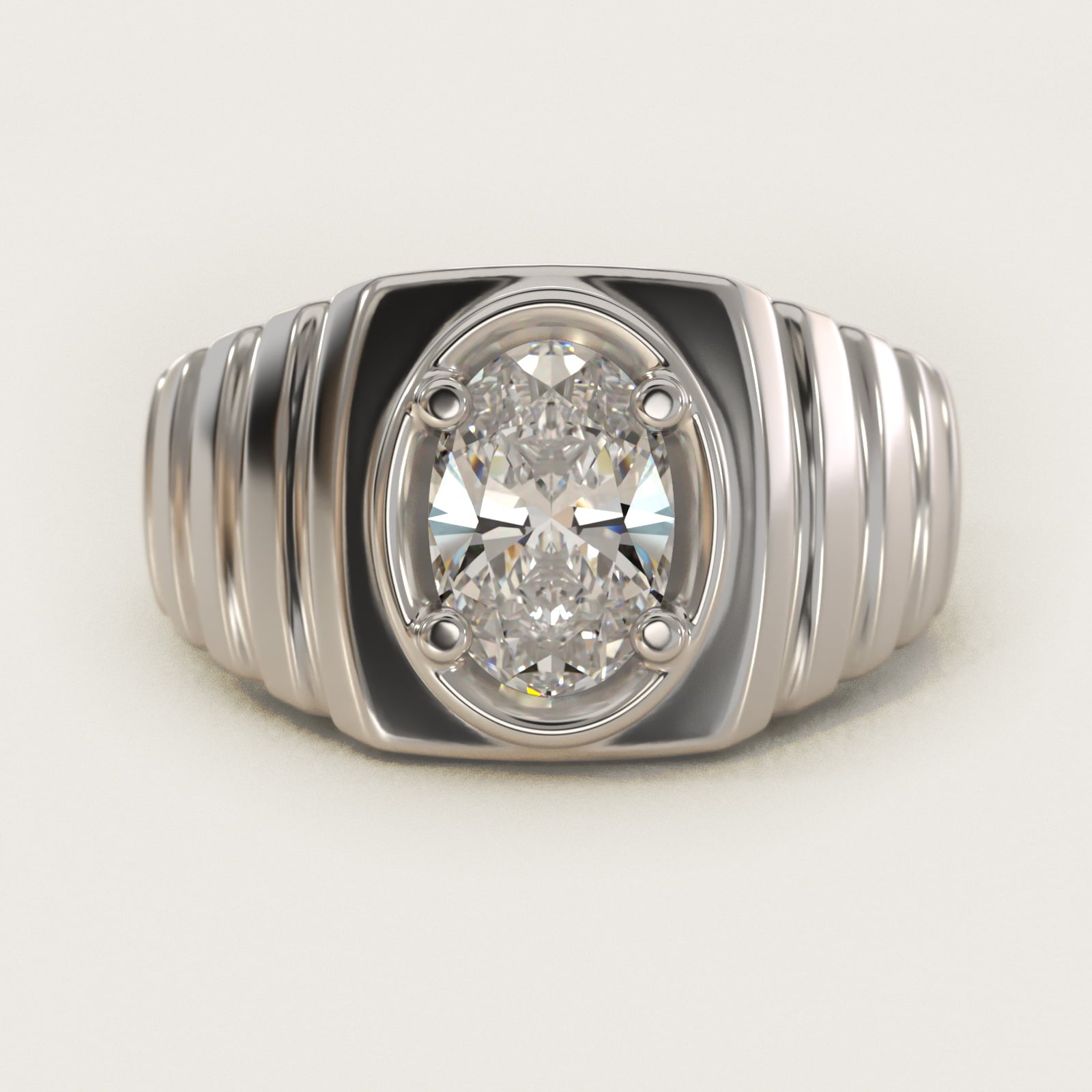 Men's Ridged Solitaire Engagement Ring in 18k White Gold - Oval Center