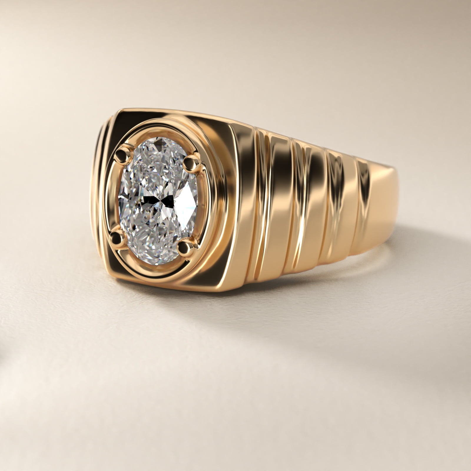 Men's Ridged Solitaire Engagement Ring in 18k Yellow Gold - Oval Center