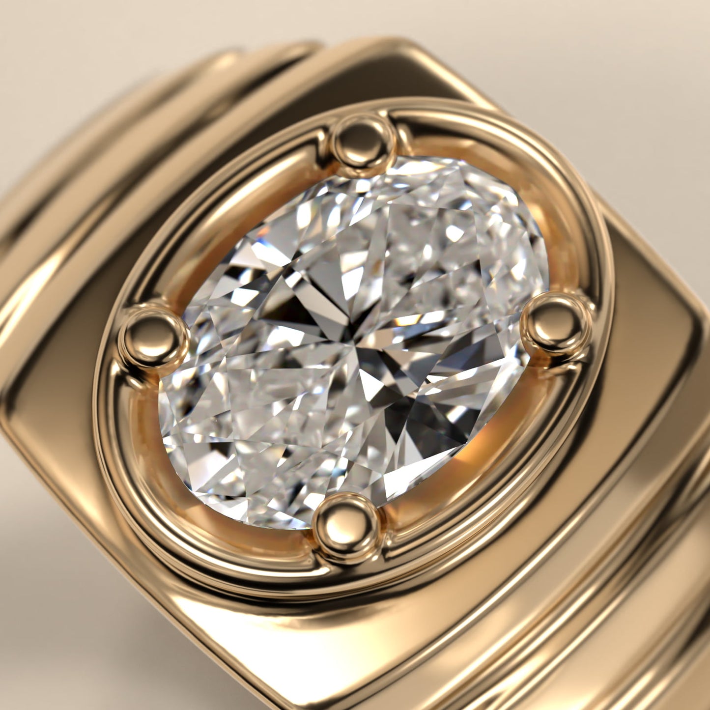 Men's Ridged Solitaire Engagement Ring in 18k Yellow Gold - Oval Center