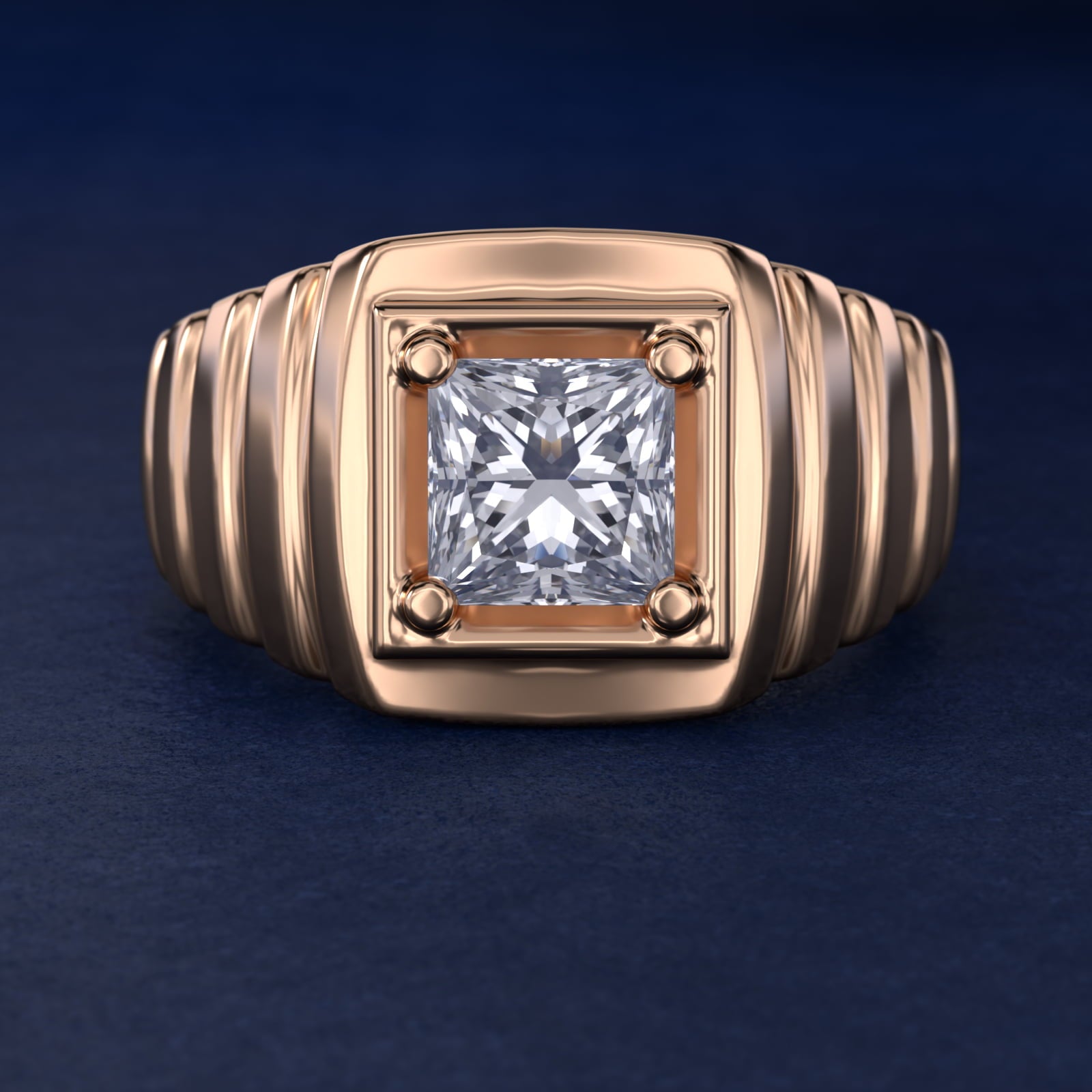 Men's Ridged Solitaire Engagement Ring in 14k Rose Gold - Princess Center