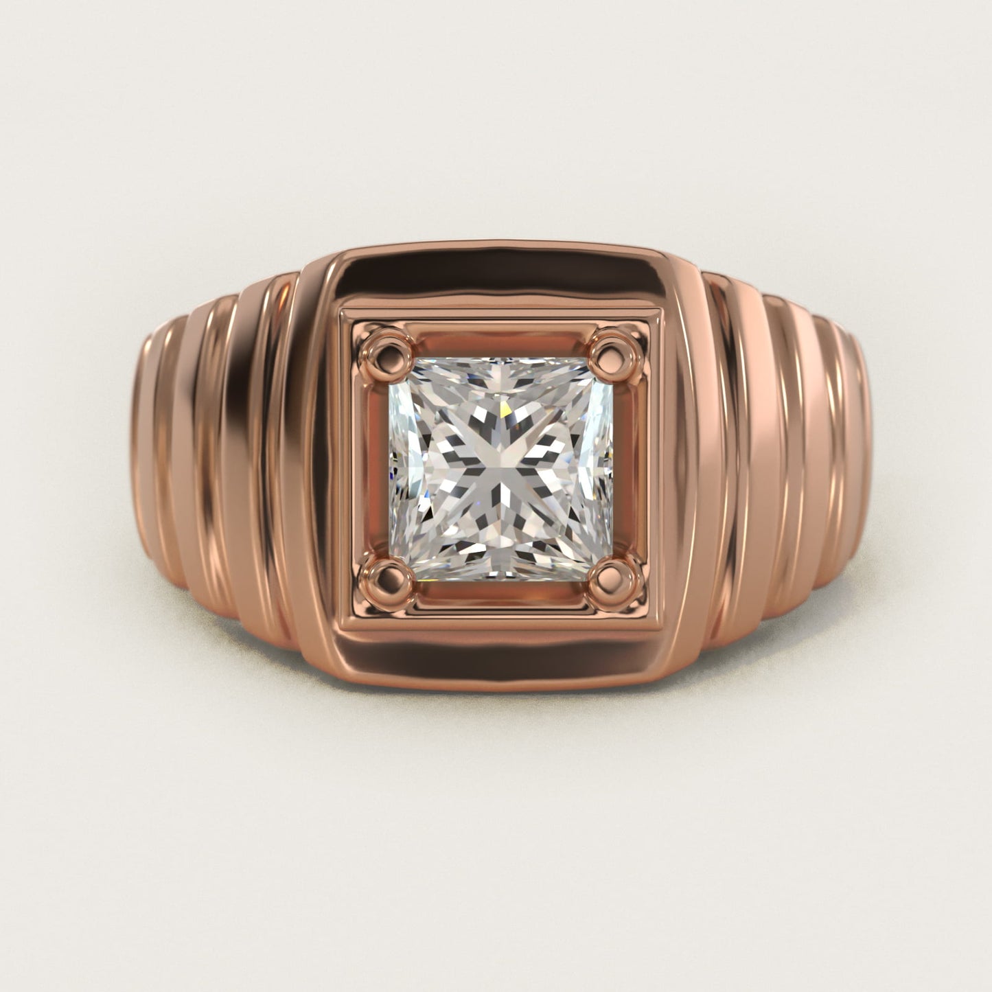 Men's Ridged Solitaire Engagement Ring in 14k Rose Gold - Princess Center
