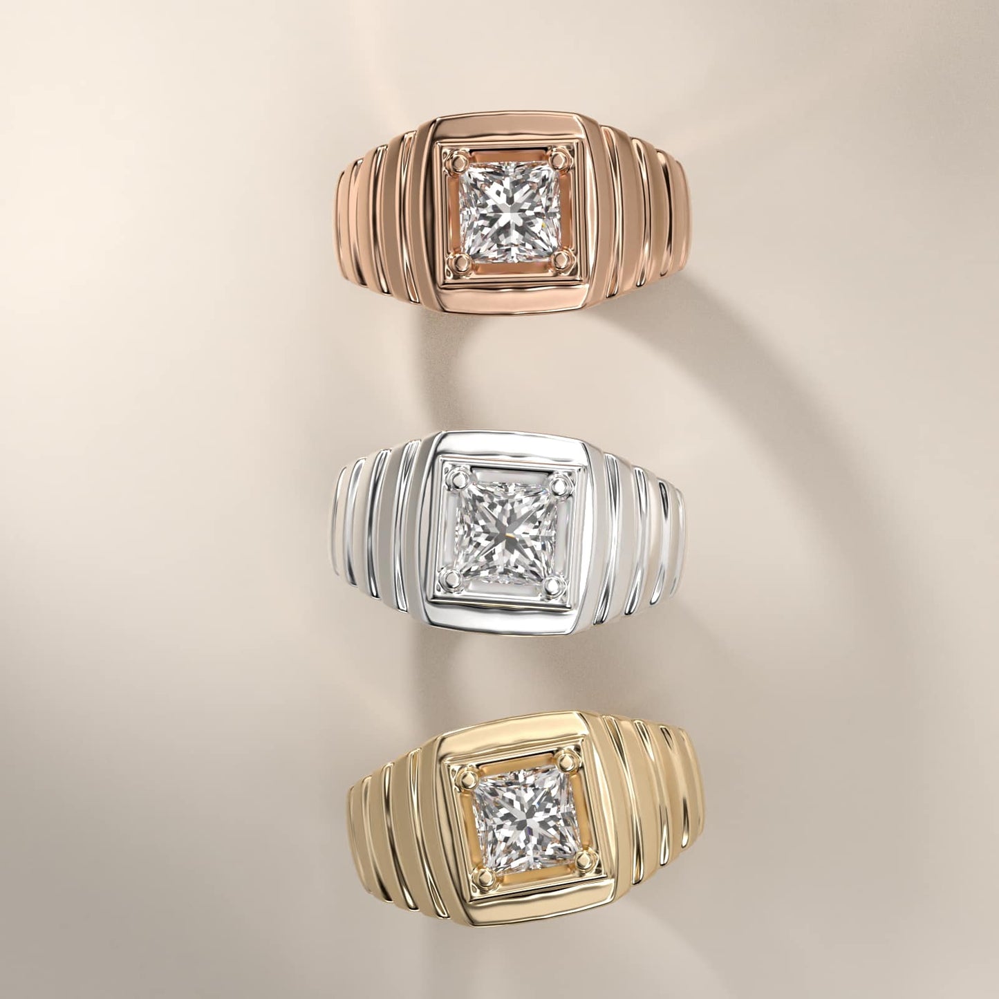 Men's Ridged Solitaire Engagement Ring in 18k Rose Gold - Princess Center