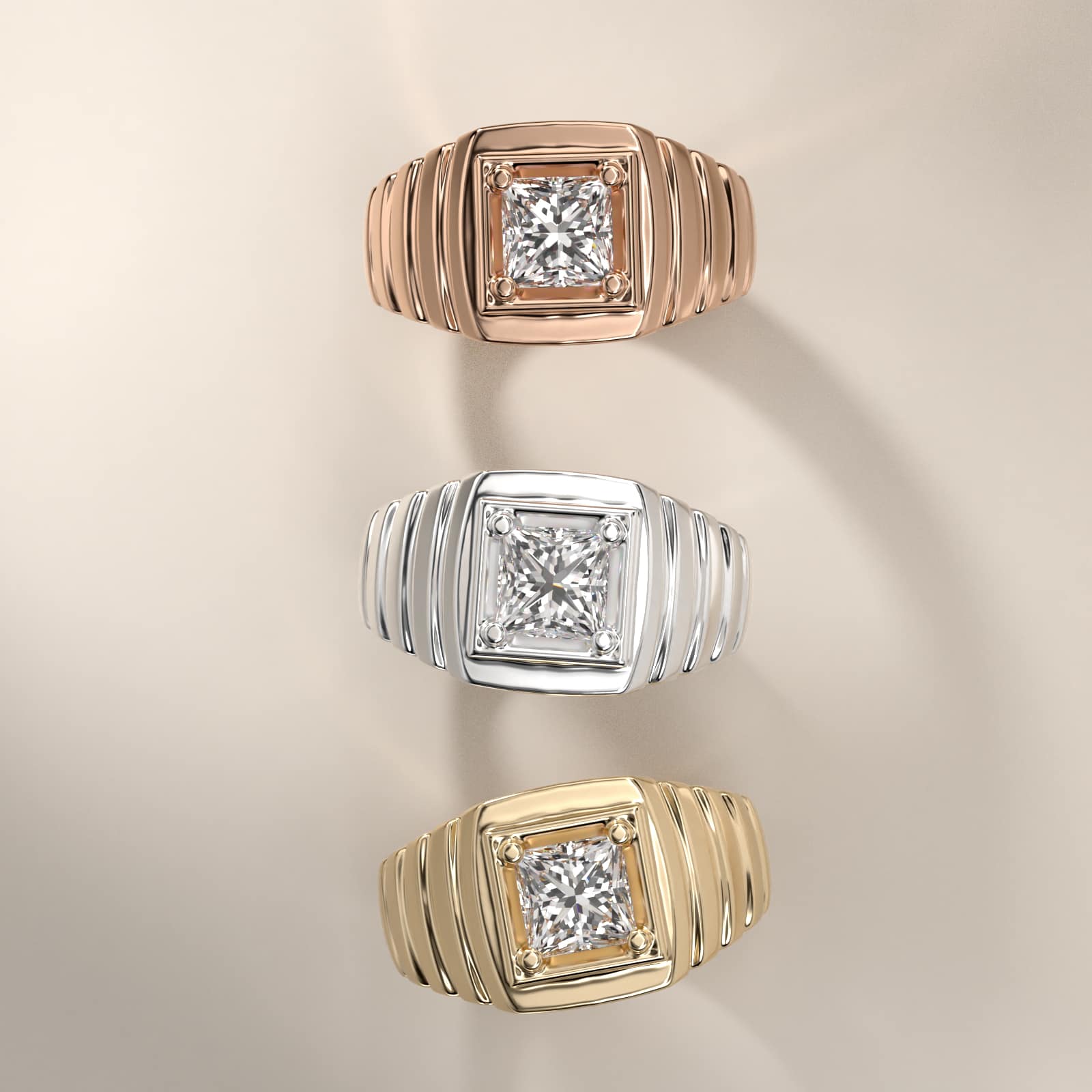 Men's Ridged Solitaire Engagement Ring in 18k Rose Gold - Princess Center