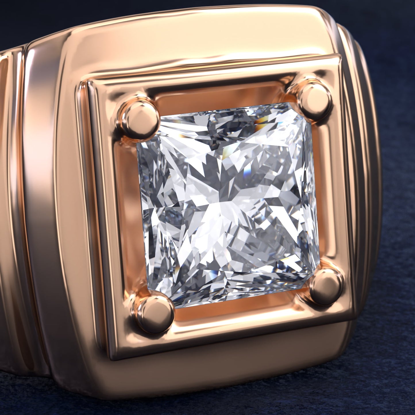 Men's Ridged Solitaire Engagement Ring in 18k Rose Gold - Princess Center