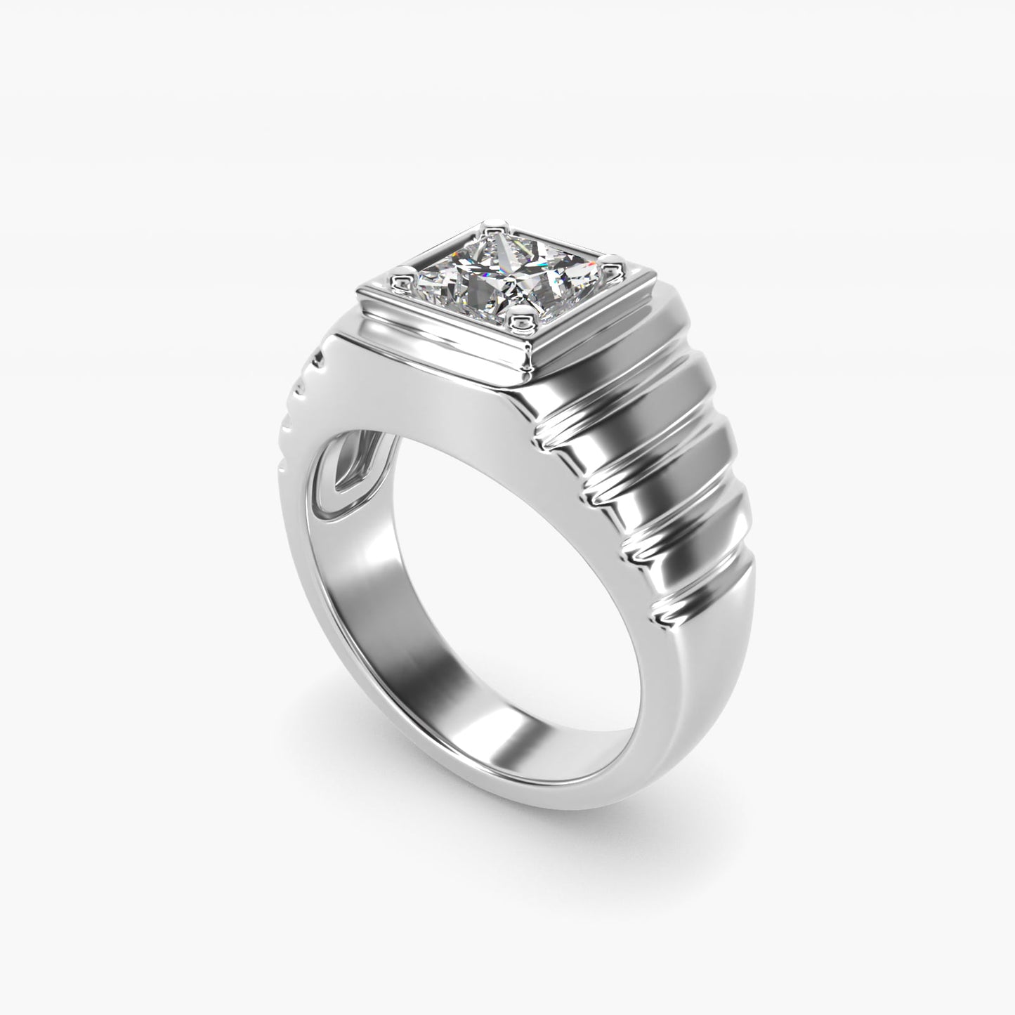 Men's Ridged Solitaire Engagement Ring in 18k White Gold - Princess Center
