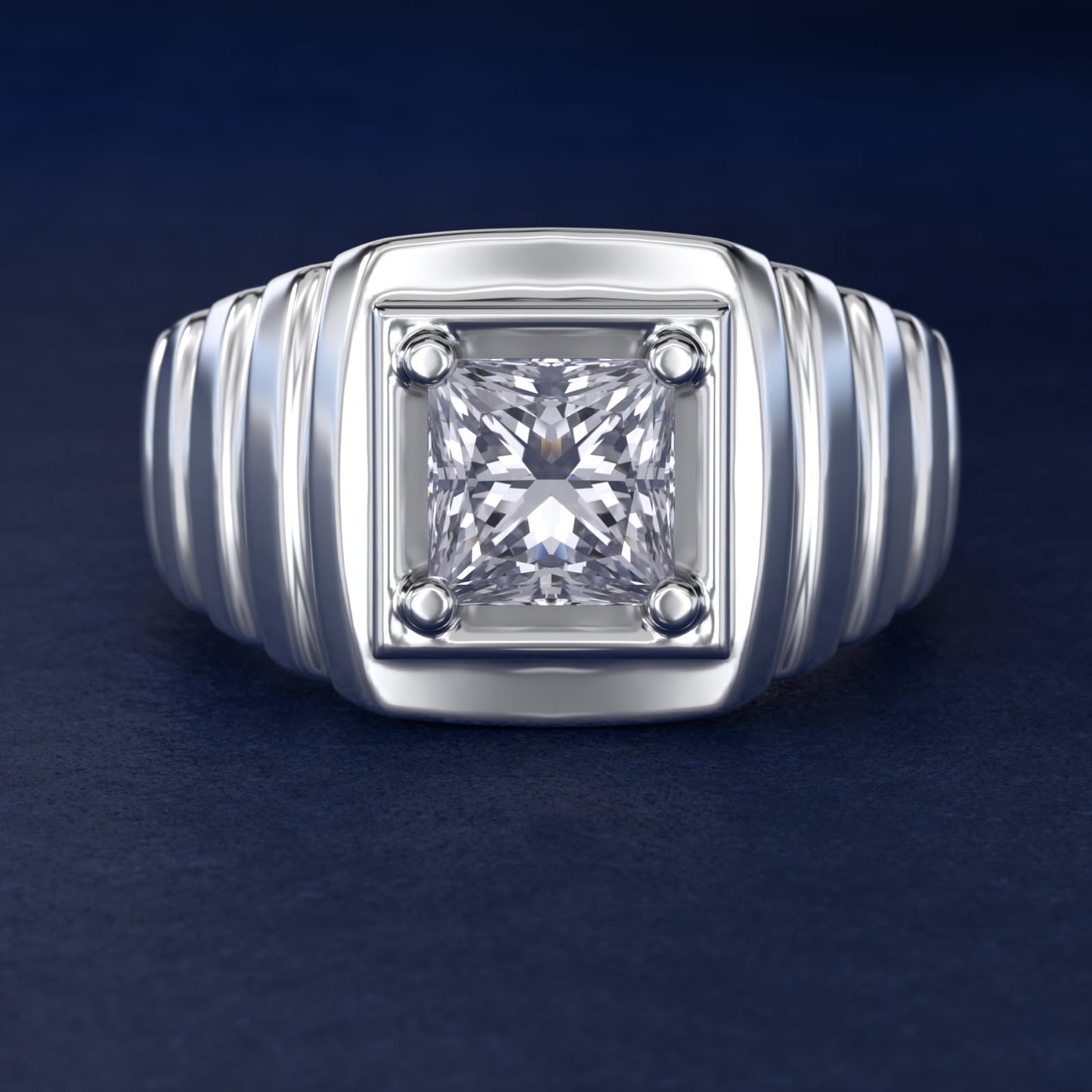 Men's Ridged Solitaire Engagement Ring in 18k White Gold - Princess Center