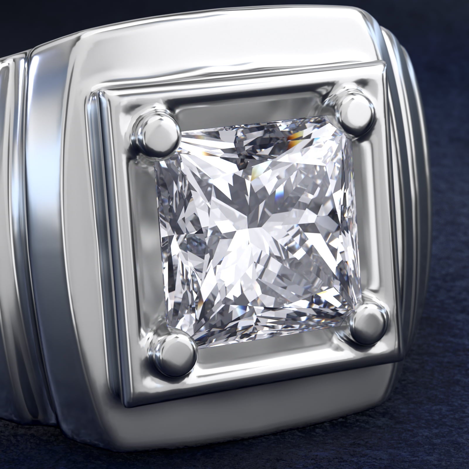 Men's Ridged Solitaire Engagement Ring in 18k White Gold - Princess Center
