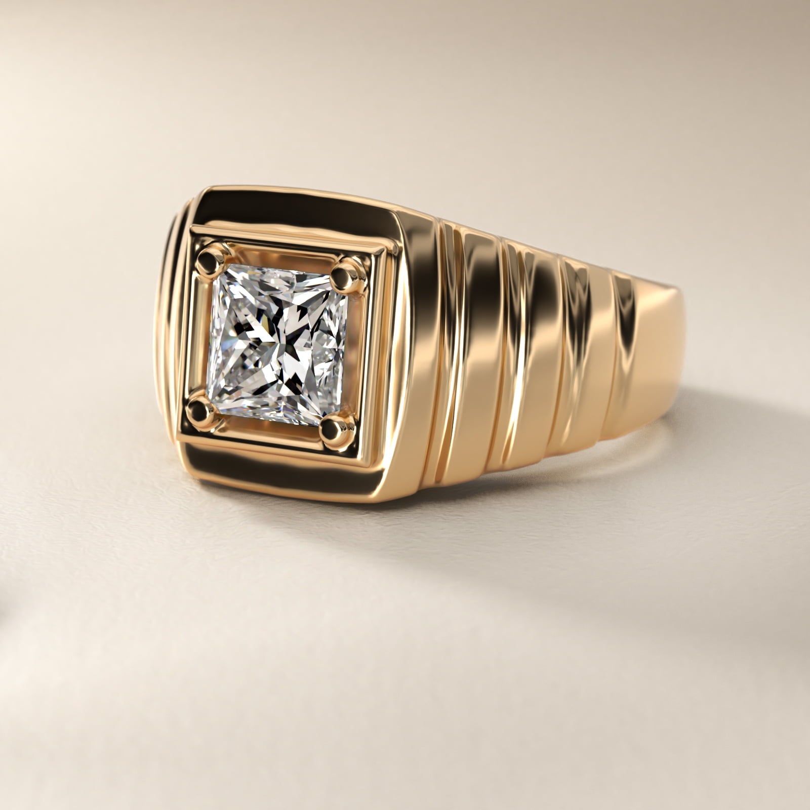 Men's Ridged Solitaire Engagement Ring in 14k Yellow Gold - Princess Center
