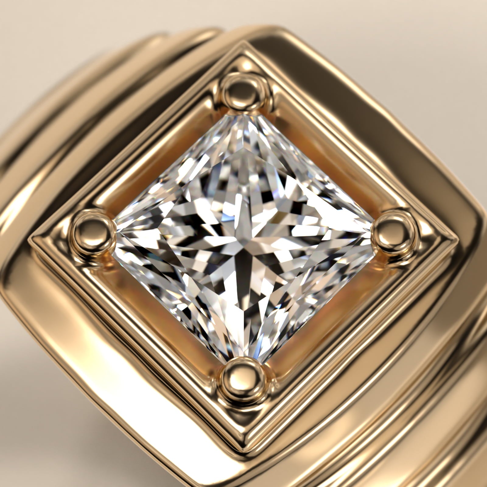 Men's Ridged Solitaire Engagement Ring in 18k Yellow Gold - Princess Center