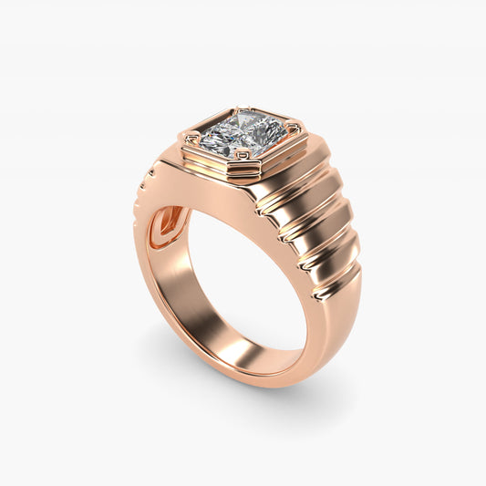 Men's Ridged Solitaire Engagement Ring in 18k Rose Gold - Radiant Center