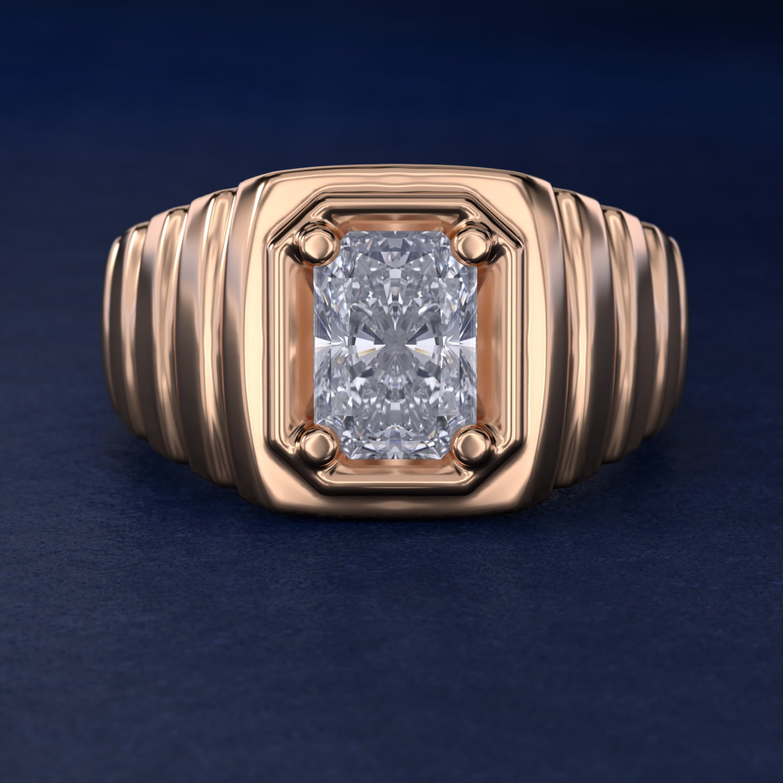 Men's Ridged Solitaire Engagement Ring in 14k Rose Gold - Radiant Center