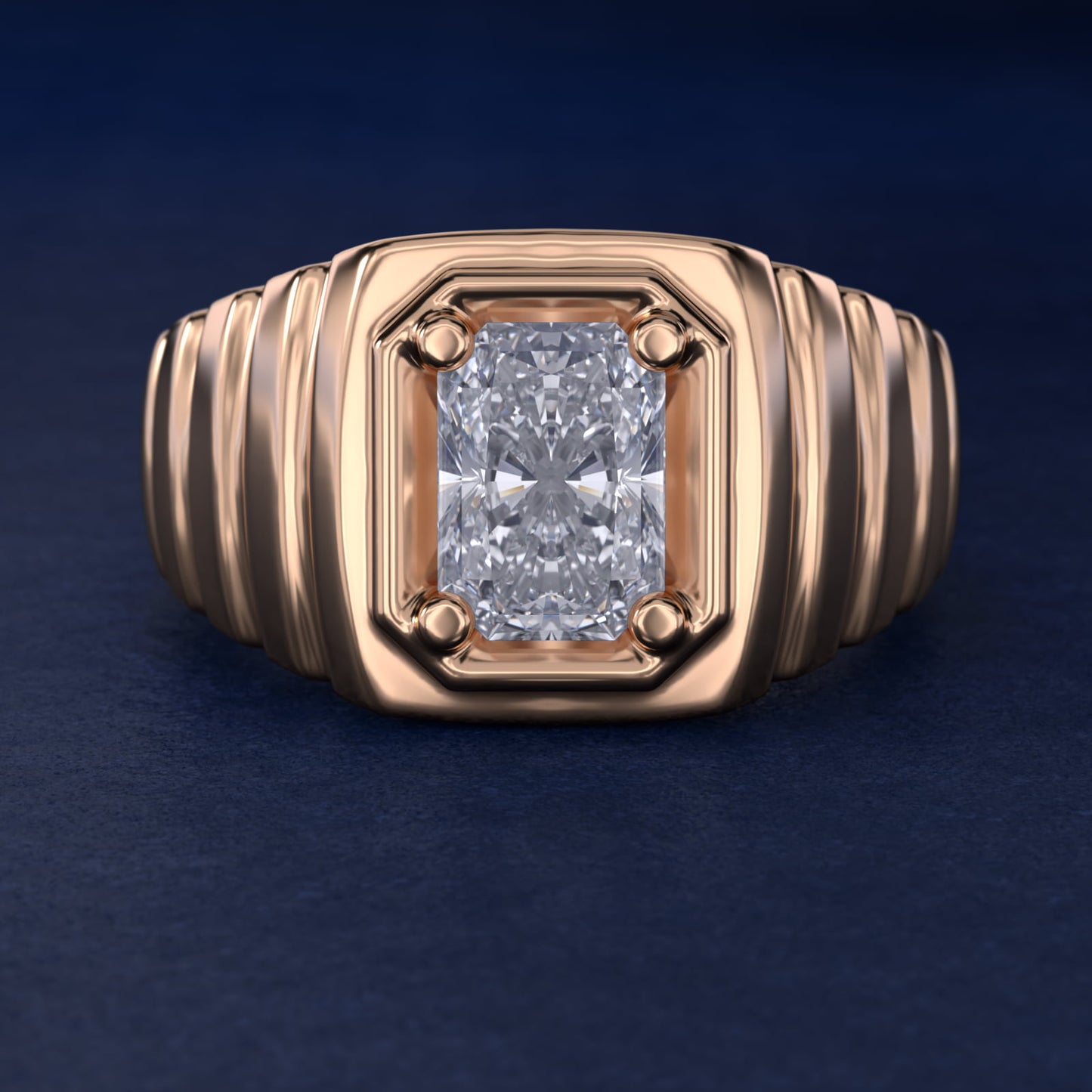 Men's Ridged Solitaire Engagement Ring in 18k Rose Gold - Radiant Center