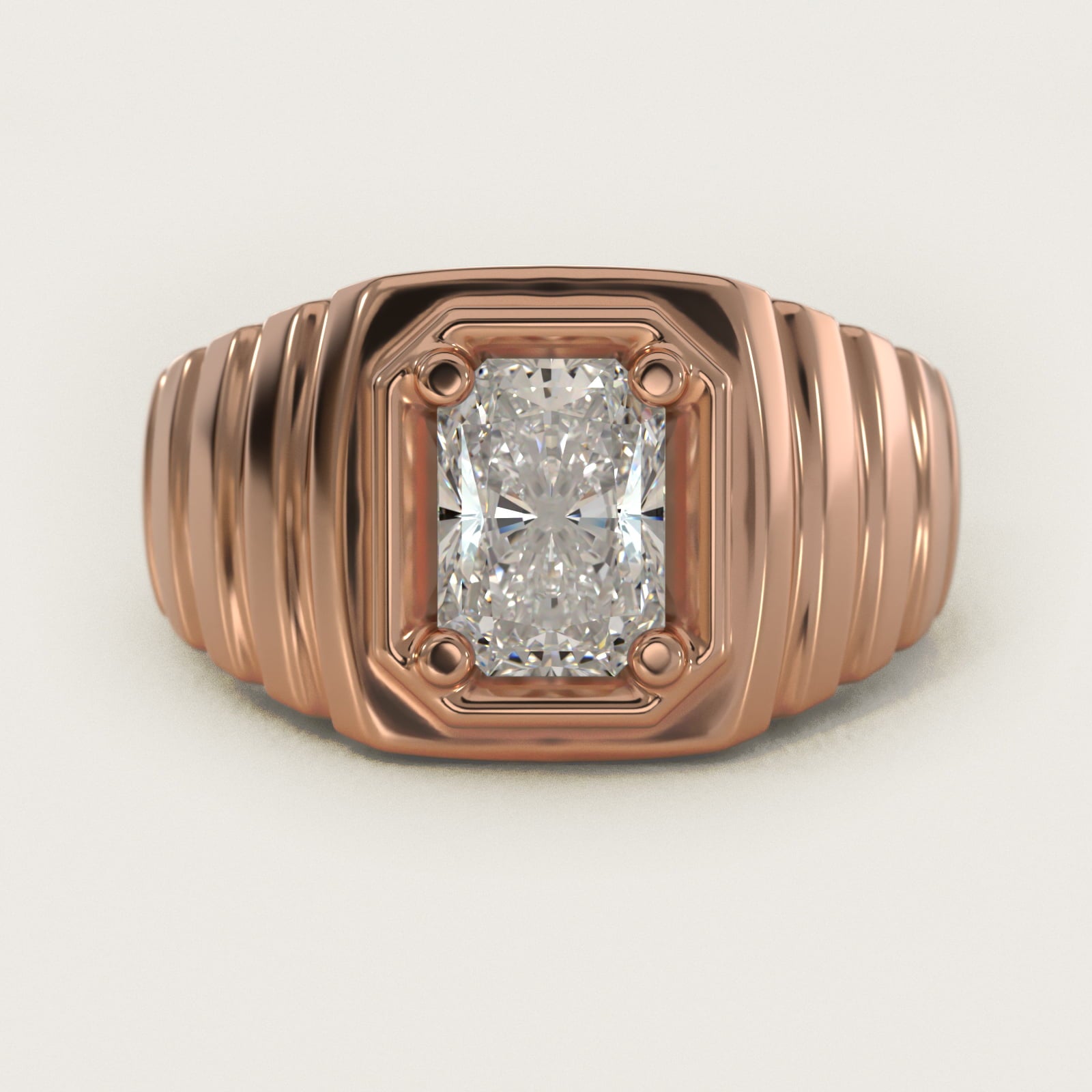 Men's Ridged Solitaire Engagement Ring in 14k Rose Gold - Radiant Center