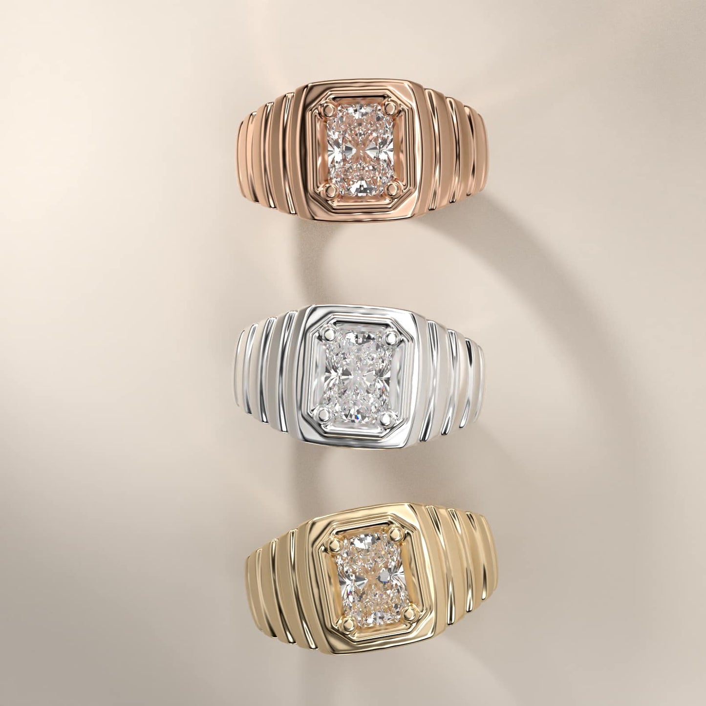 Men's Ridged Solitaire Engagement Ring in 18k Rose Gold - Radiant Center