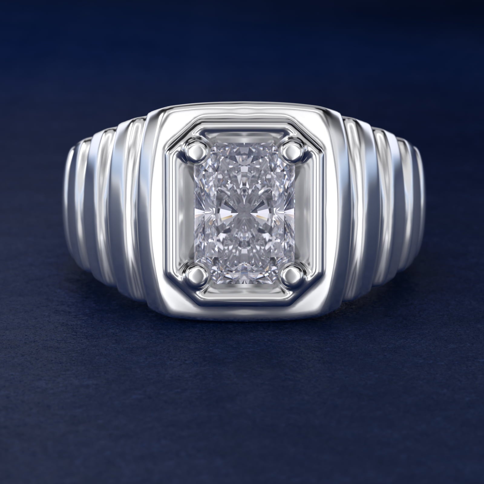 Men's Ridged Solitaire Engagement Ring in 18k White Gold - Radiant Center