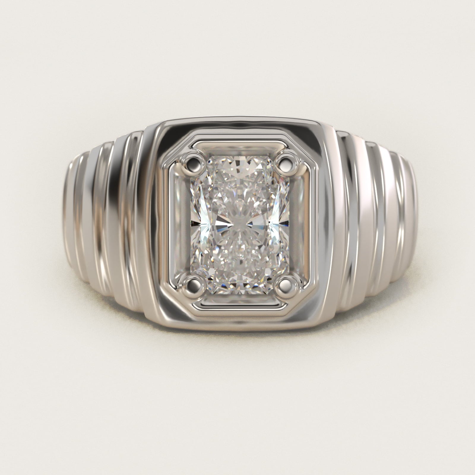 Men's Ridged Solitaire Engagement Ring in 14k White Gold - Radiant Center
