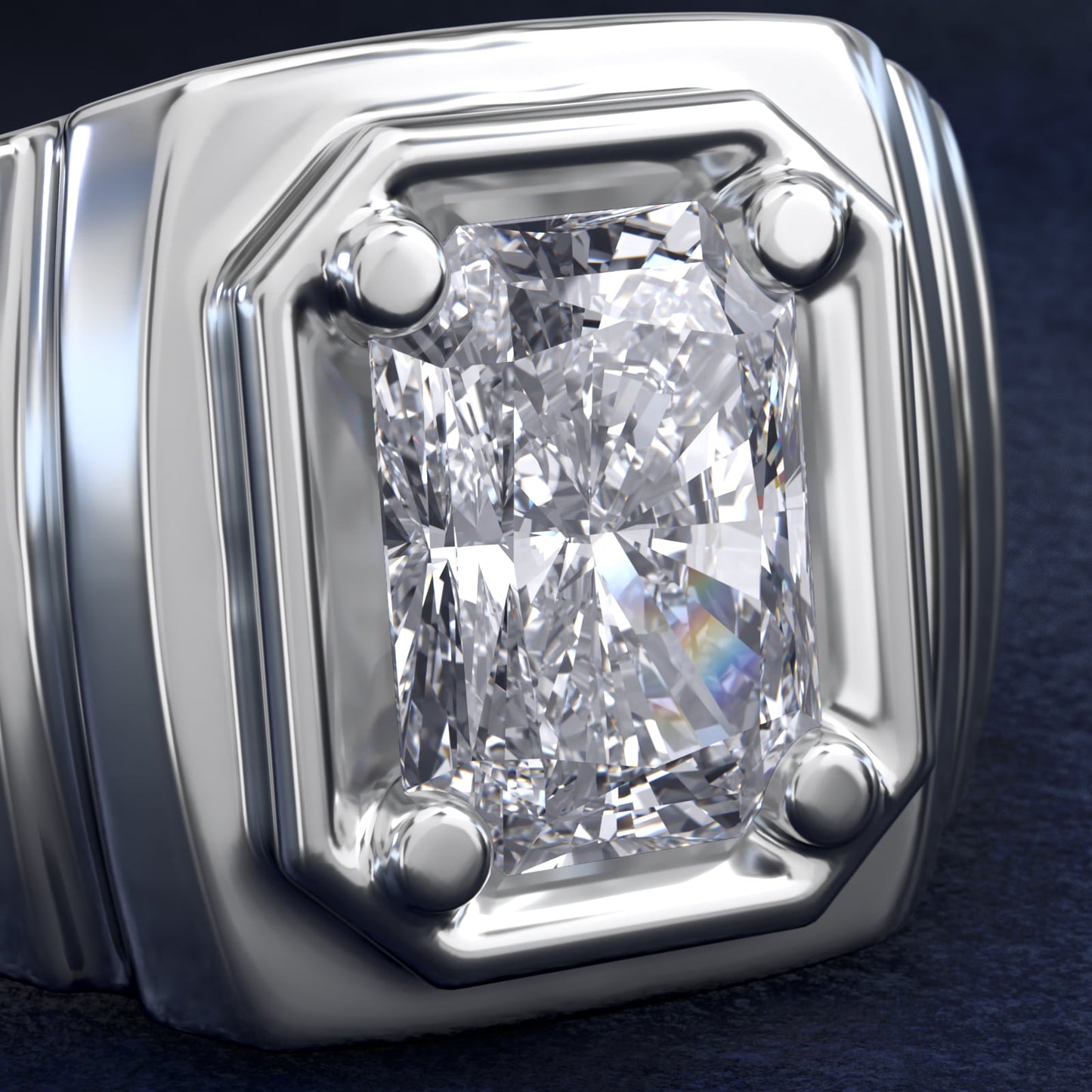 Men's Ridged Solitaire Engagement Ring in 18k White Gold - Radiant Center