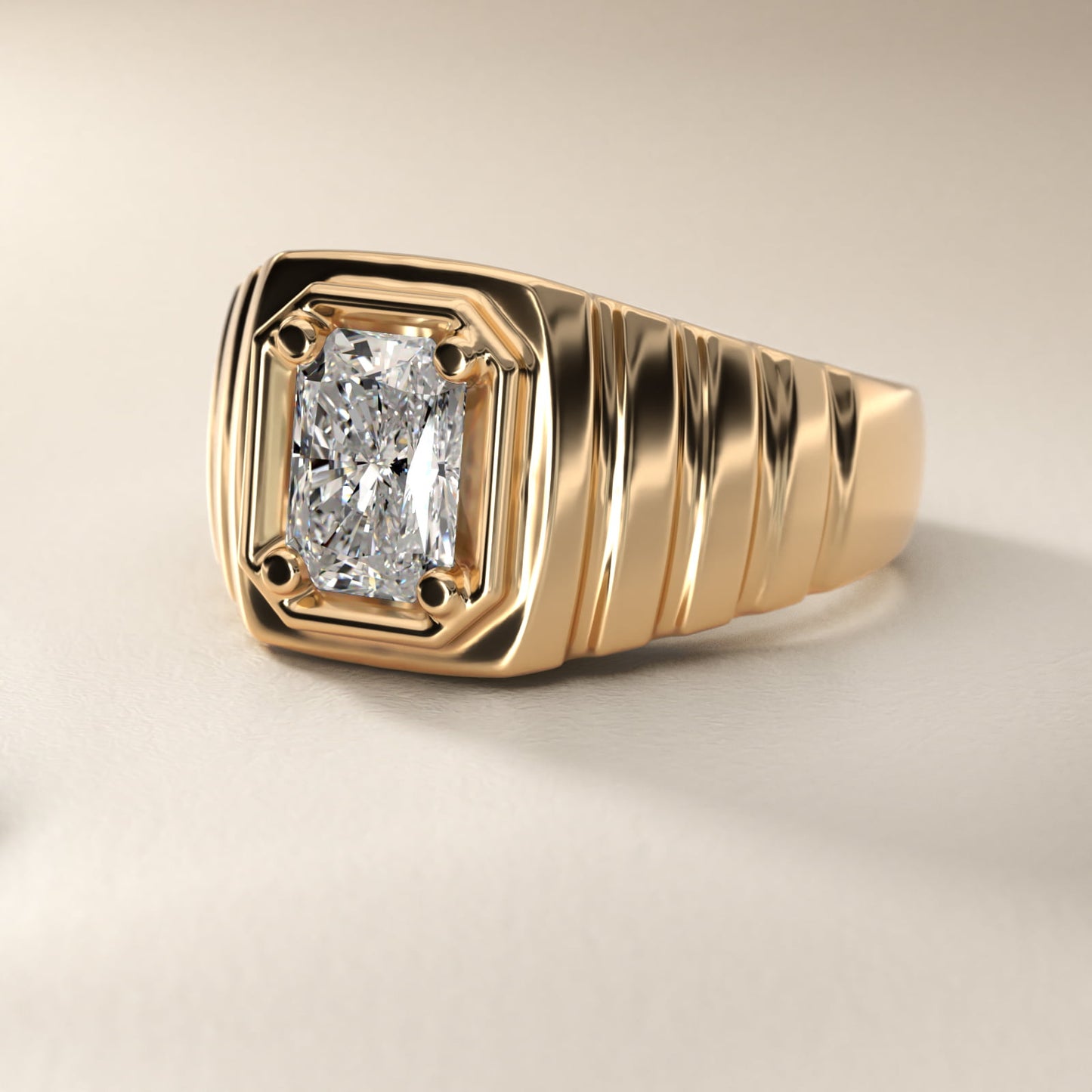 Men's Ridged Solitaire Engagement Ring in 14k Yellow Gold - Radiant Center