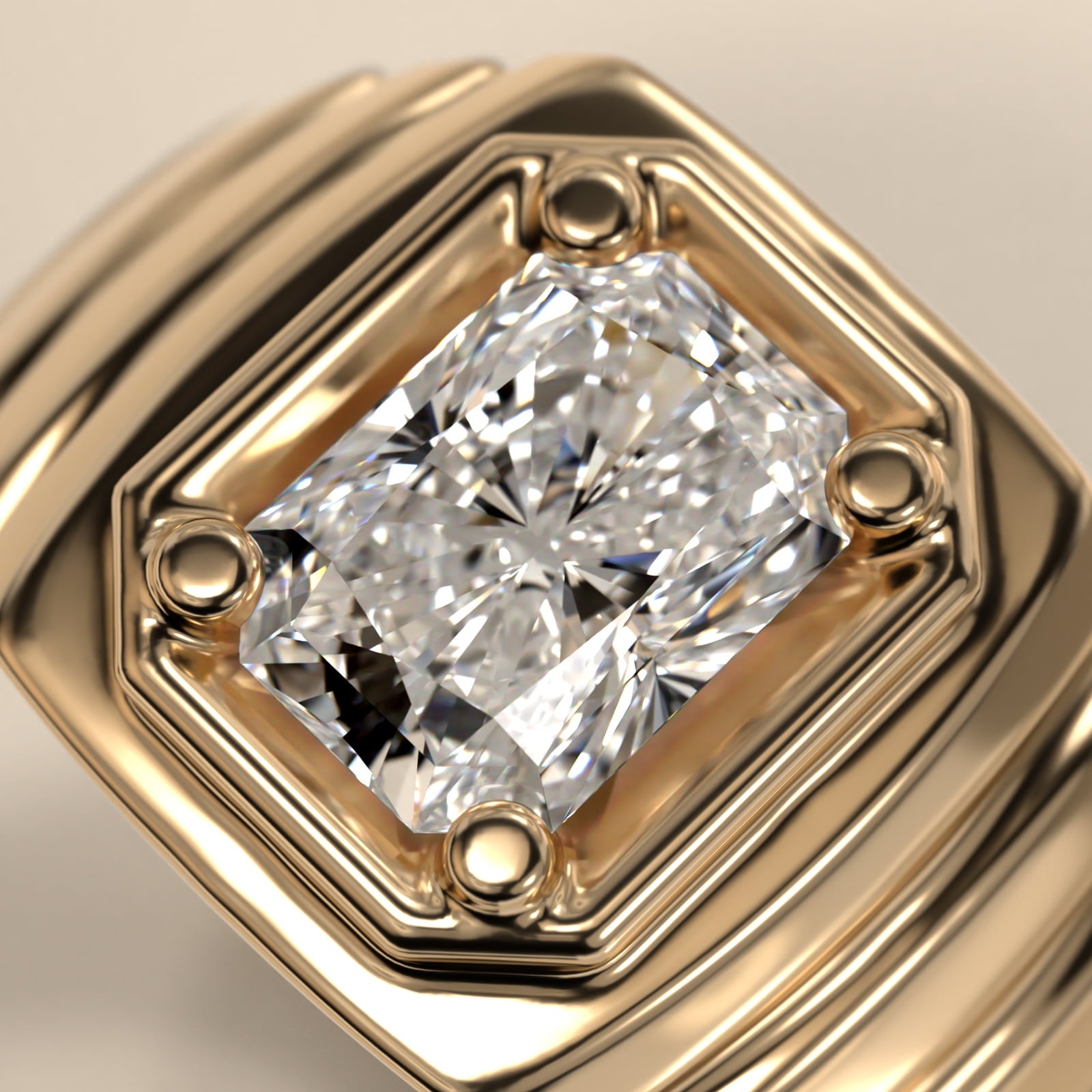 Men's Ridged Solitaire Engagement Ring in 18k Yellow Gold - Radiant Center