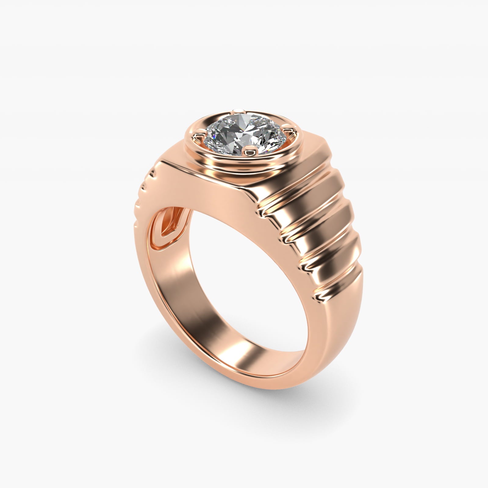 Men's Ridged Solitaire Engagement Ring in 18k Rose Gold - Round Center