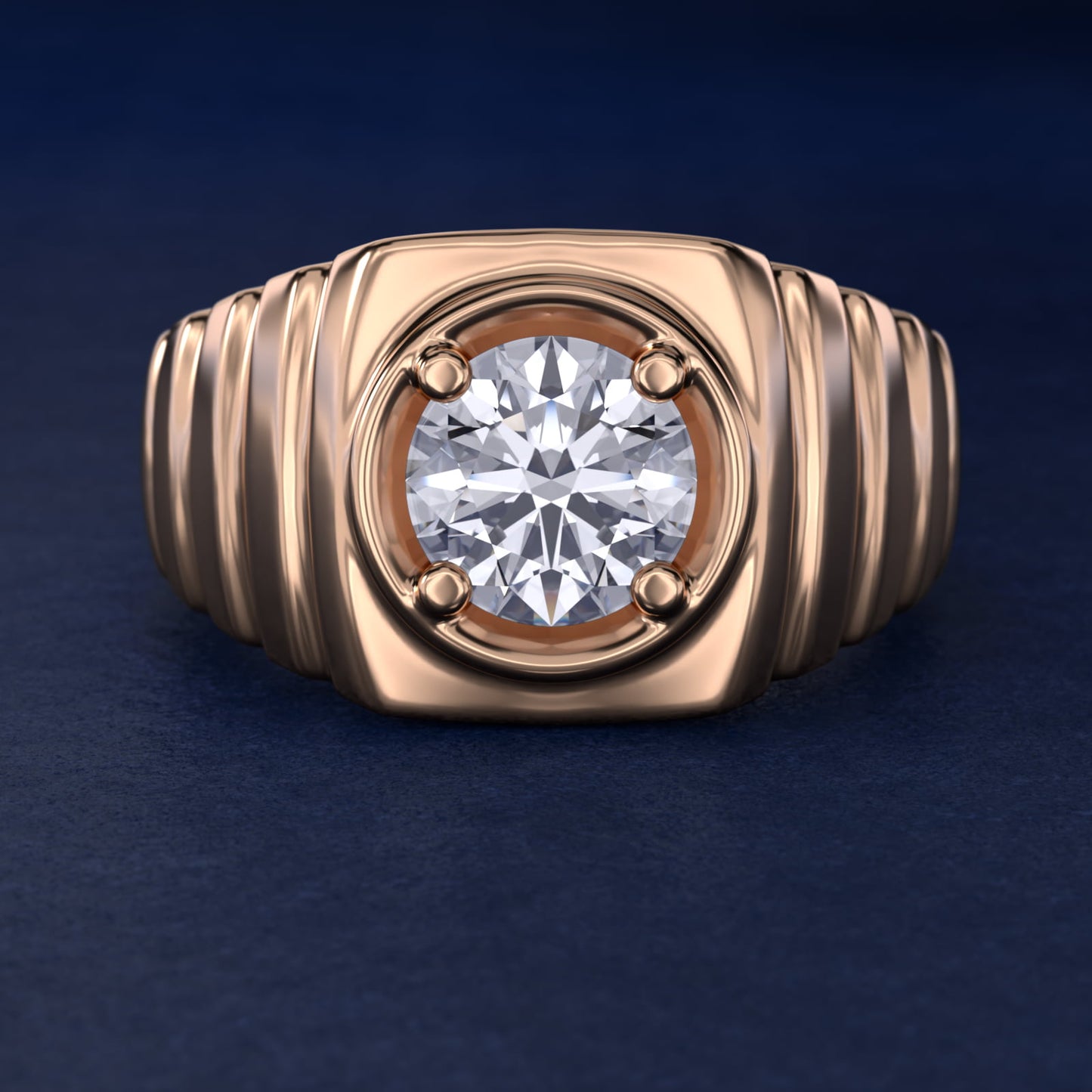 Men's Ridged Solitaire Engagement Ring in 14k Rose Gold - Round Center