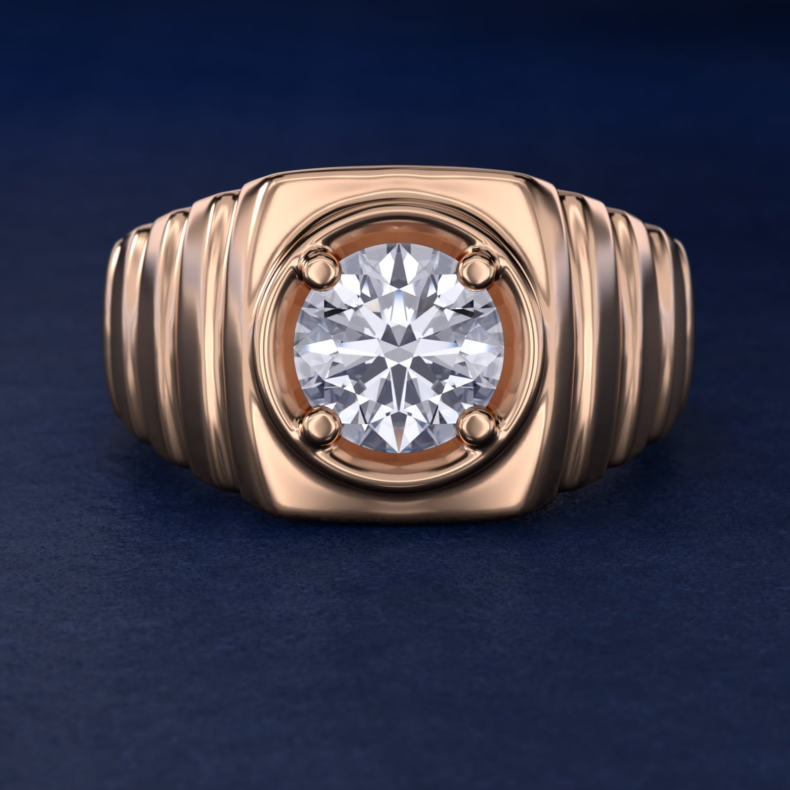 Men's Ridged Solitaire Engagement Ring in 18k Rose Gold - Round Center