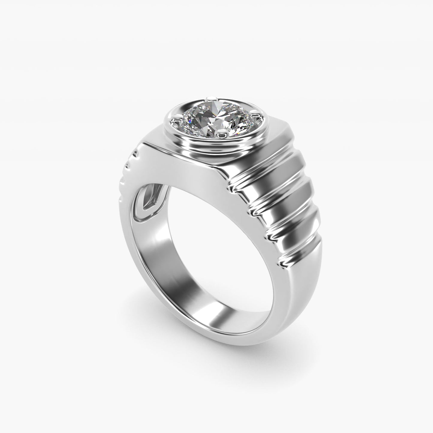 Men's Ridged Solitaire Engagement Ring in 14k White Gold - Round Center