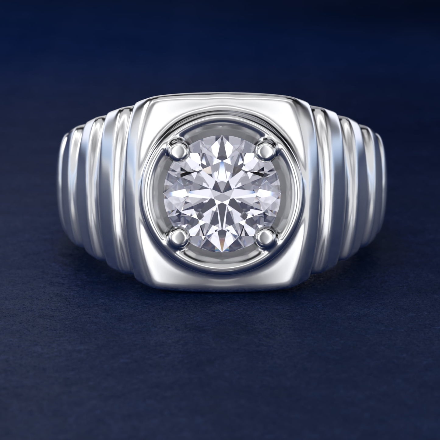 Men's Ridged Solitaire Engagement Ring in 18k White Gold - Round Center