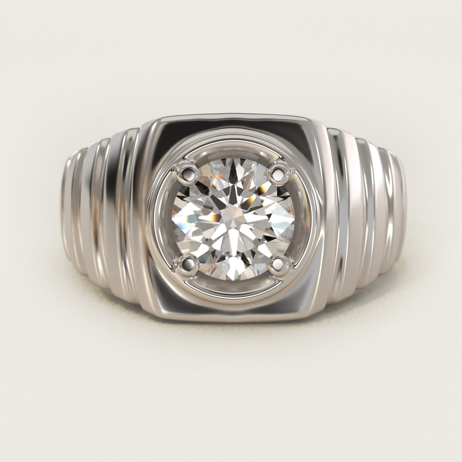 Men's Ridged Solitaire Engagement Ring in 14k White Gold - Round Center